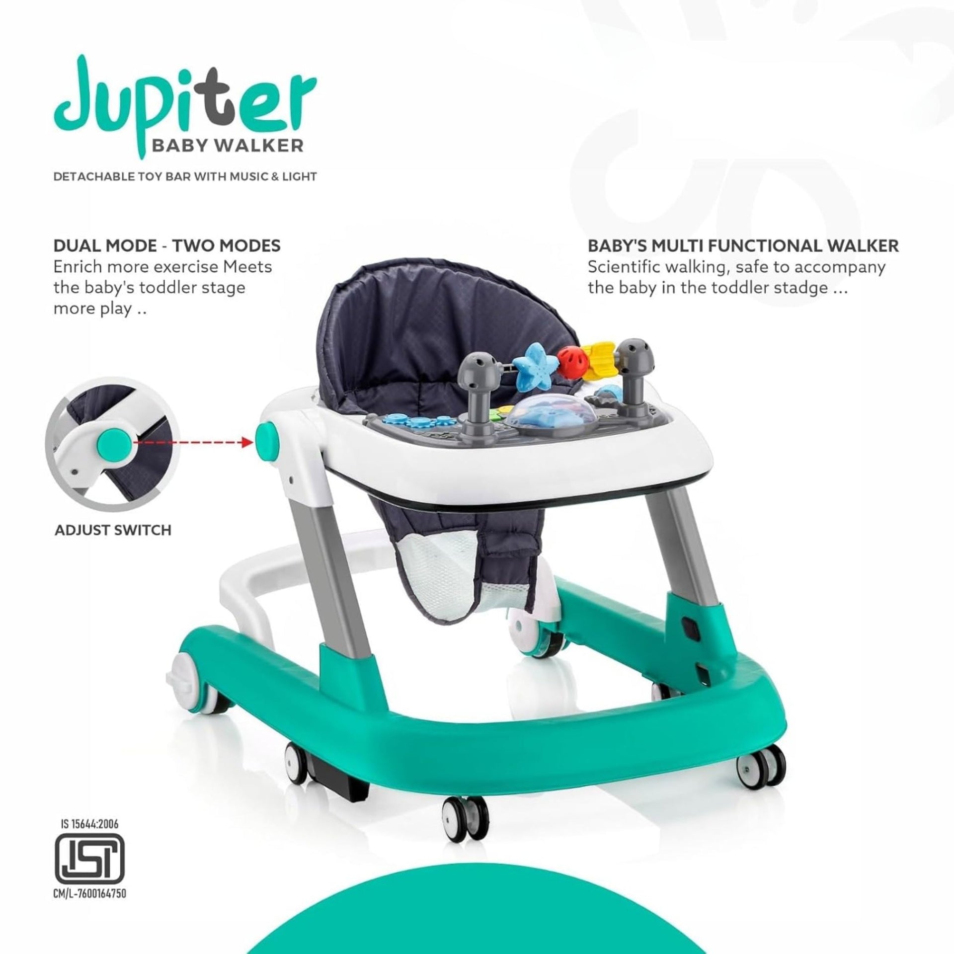 Baabus Jupitar 3-in-1 Robust Baby Walker/Multifunction/Anti-o Shaped Leg/Height Adjustment/Anti-Fall/Music Box for Newborn/girl/boy/6-15months with SEAT Cushion Green