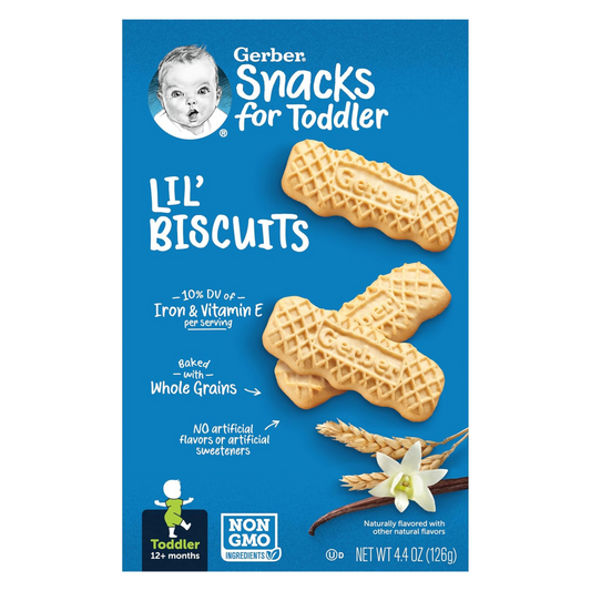 GERBER Lil' Biscuits Toddler Snacks, Vanilla , Non-GMO Verified, Baked With Whole Grains, Naturally Flavoured Box  (126 g)