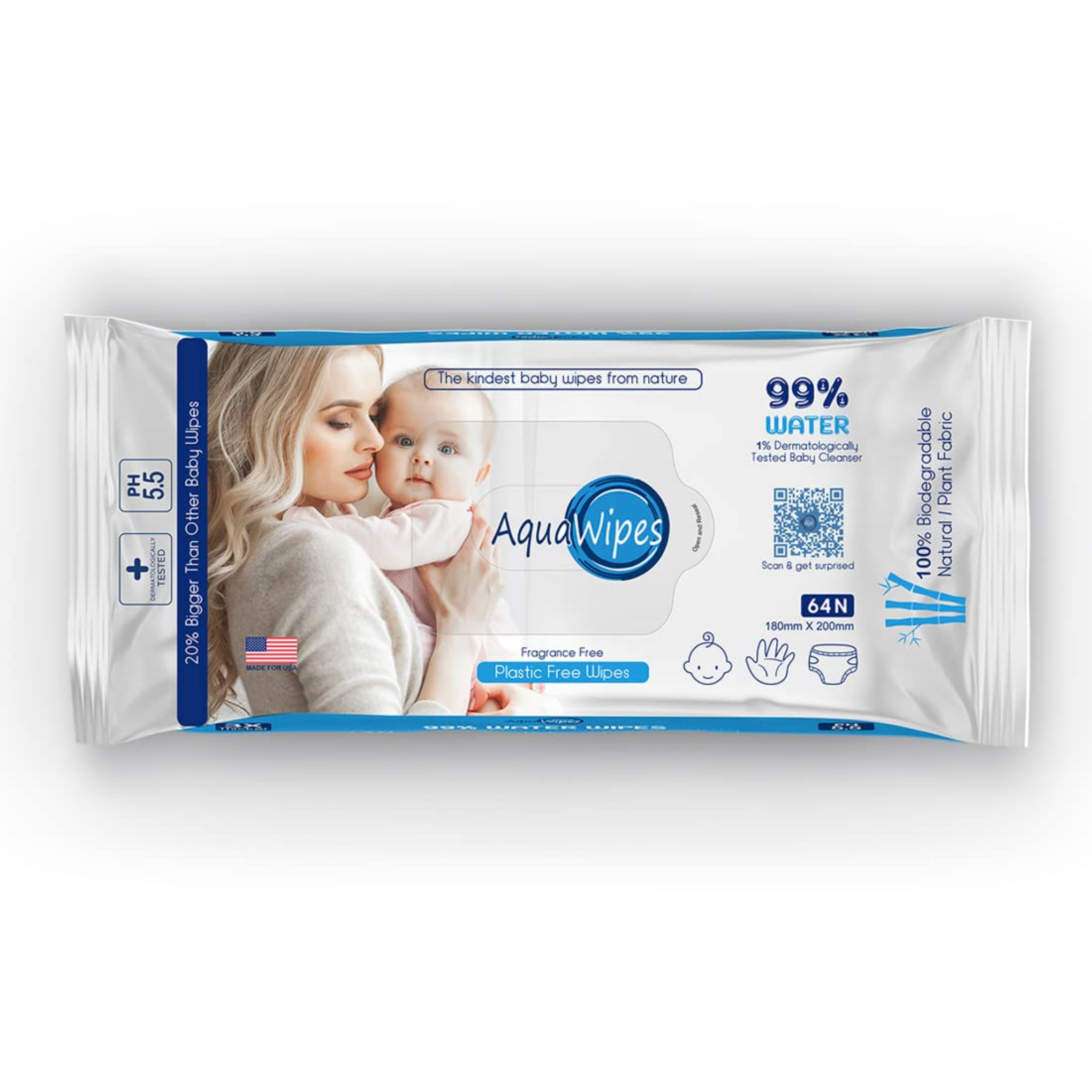 AquaWipes 99% Water (Unscented) Baby Wipes, 100% biodegradable Plant Based Fabric, 64 PCS.