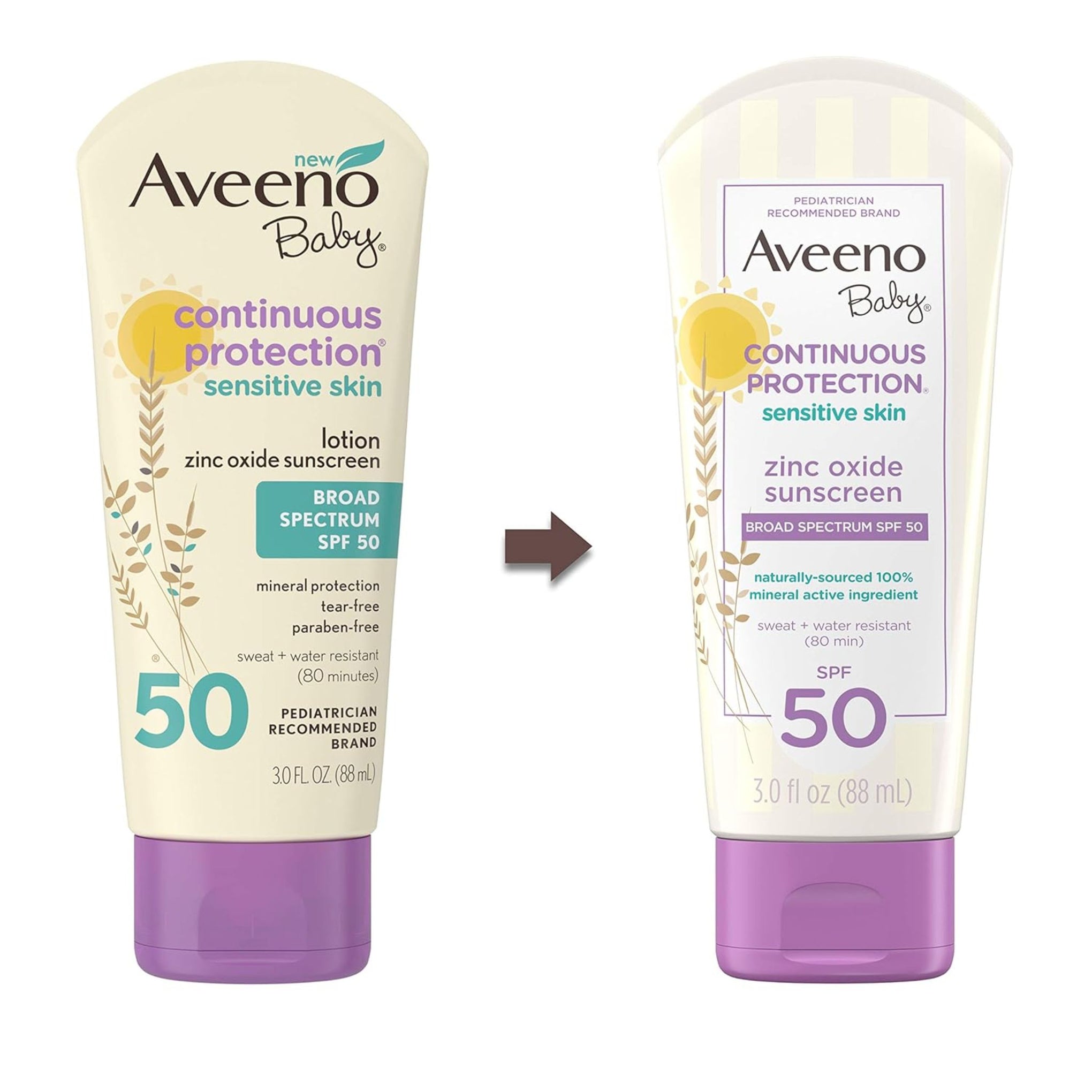 Aveeno Baby Continuous Protection Zinc Oxide Mineral Sunscreen Lotion for Sensitive Skin with, 88ml.