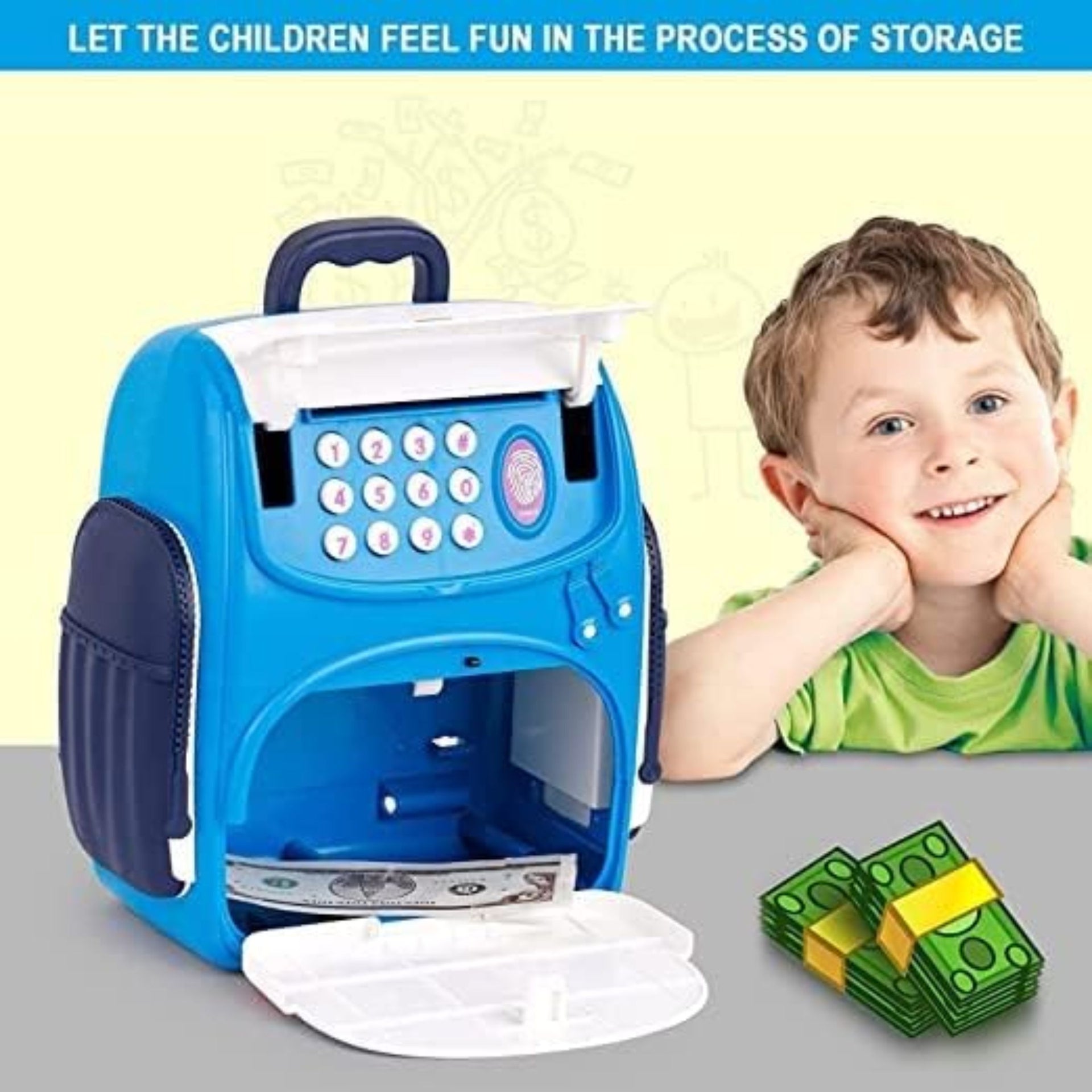 Mini ATM Piggy. Bank, Money Saving Bank > for Real 'Money Cash Coin | School Bag Musical Money Safe Kids Piggy Savings Bank with Finger Print Sensor - Blue