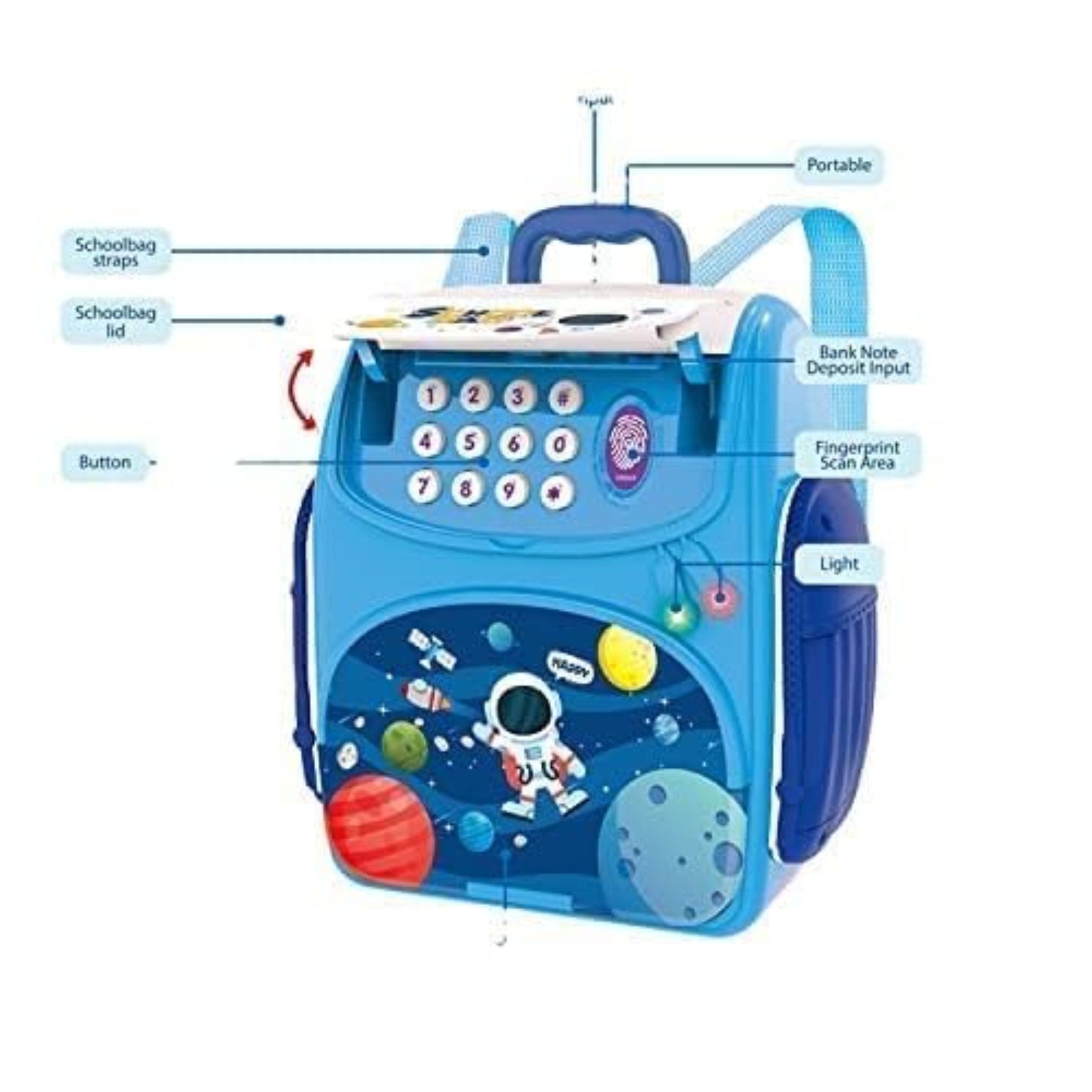 Mini ATM Piggy. Bank, Money Saving Bank > for Real 'Money Cash Coin | School Bag Musical Money Safe Kids Piggy Savings Bank with Finger Print Sensor - Blue