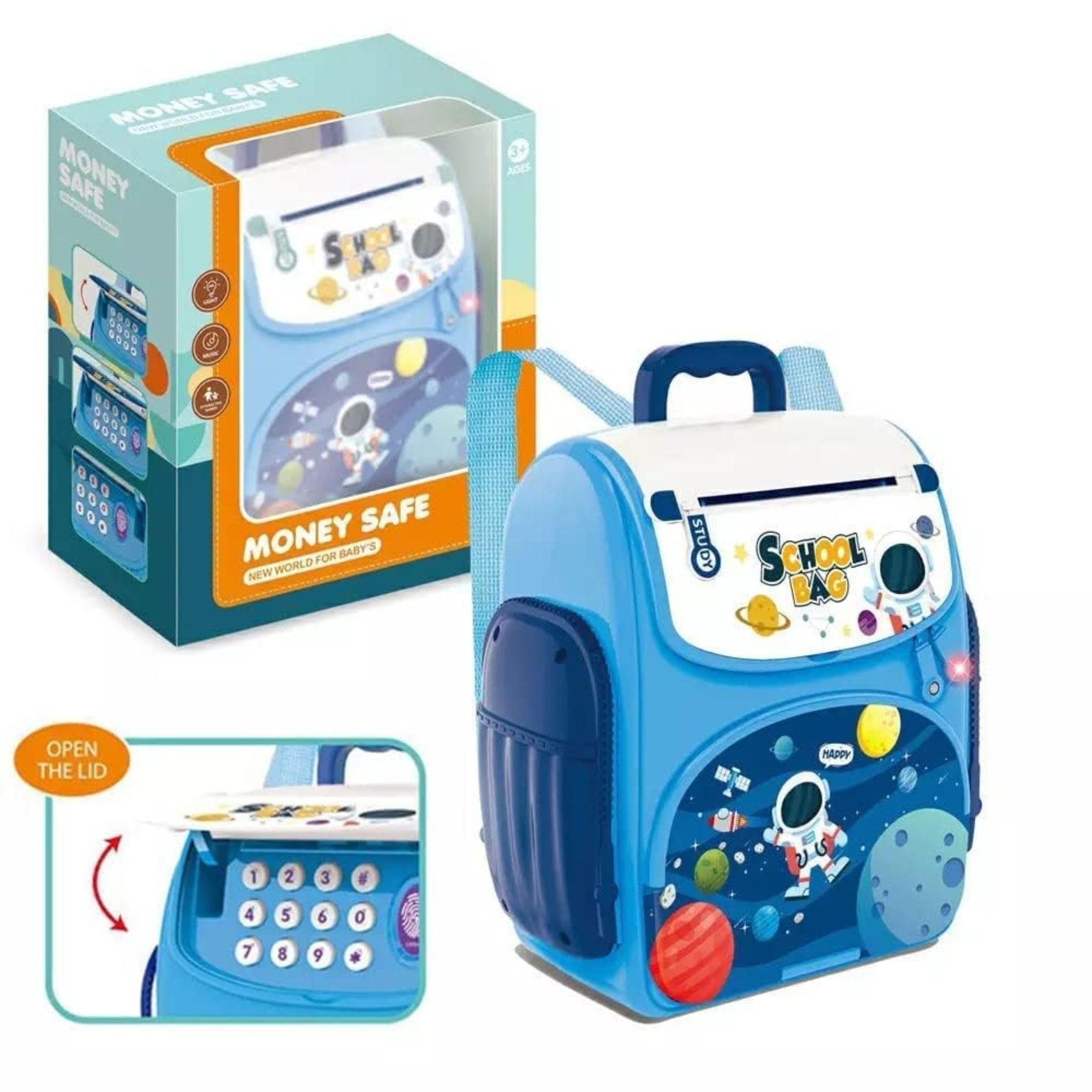 Mini ATM Piggy. Bank, Money Saving Bank > for Real 'Money Cash Coin | School Bag Musical Money Safe Kids Piggy Savings Bank with Finger Print Sensor - Blue