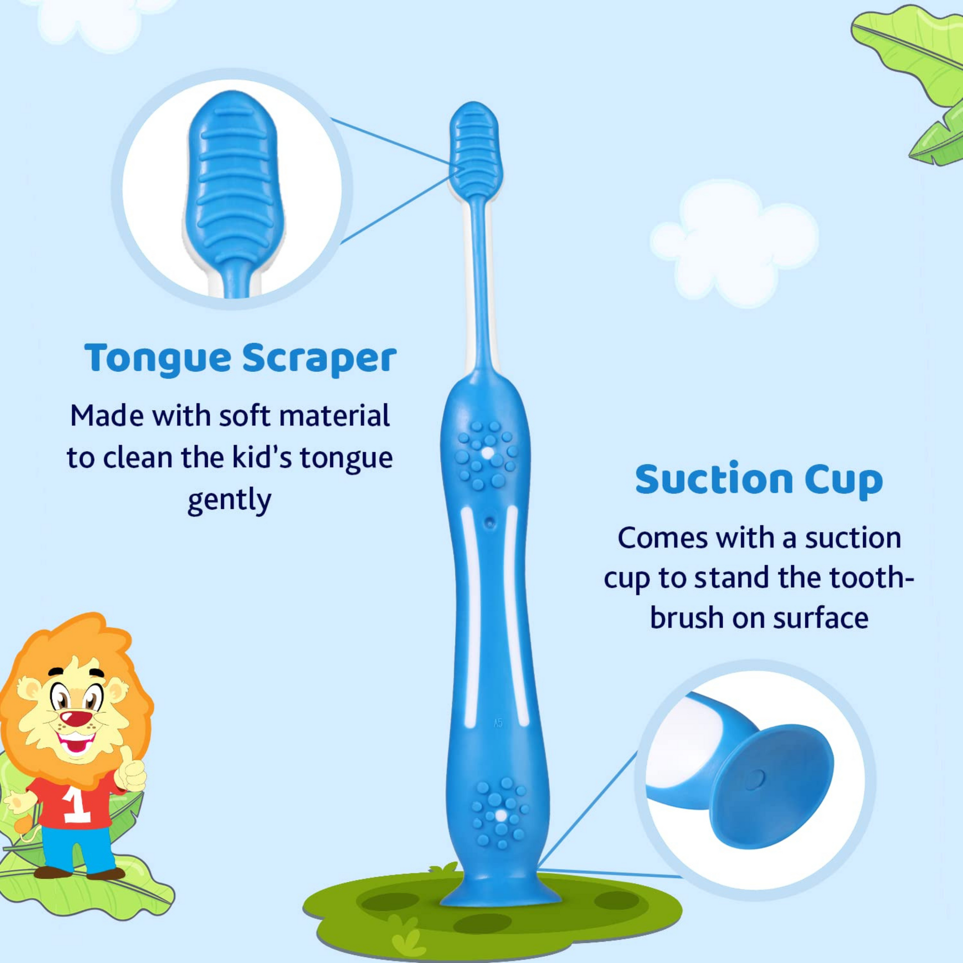 Chicco Manual Toothbrush For Kids (3Y-8Y) With Suction Cup | Extra Soft Tapered Bristles For Milk And Permanent Teeth | With Tongue Scraper And Bpa Free Material (Blue), 1 Count