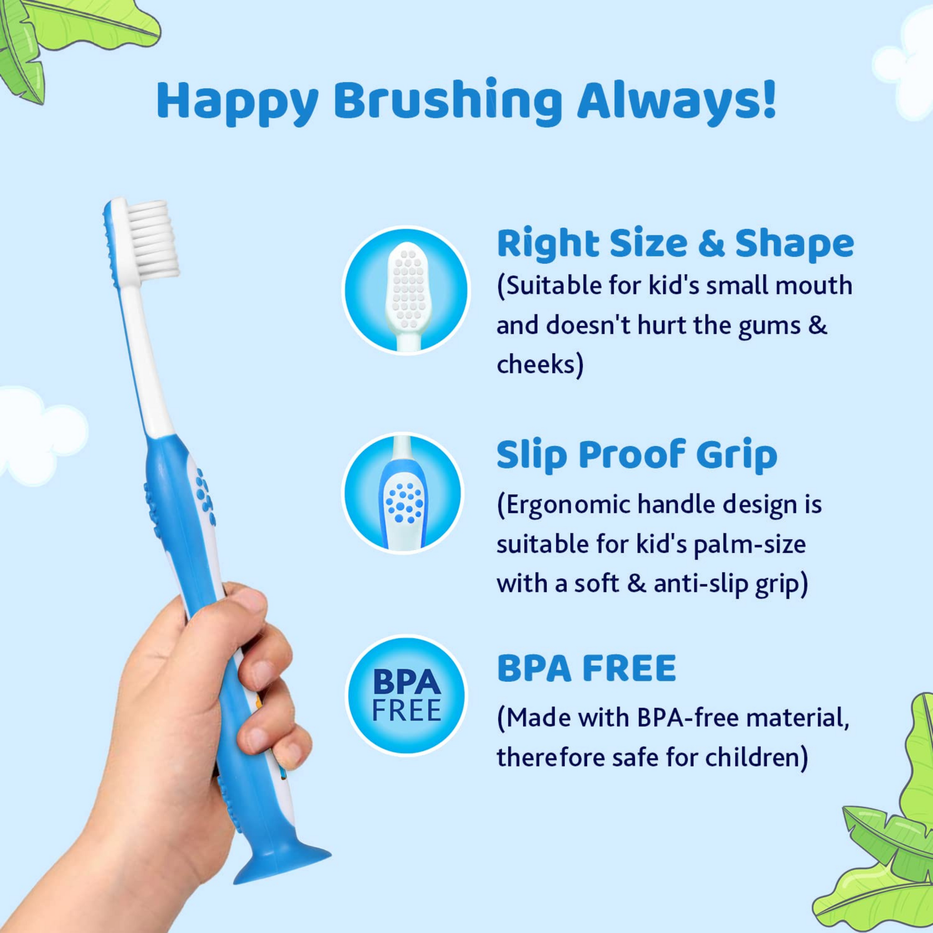 Chicco Manual Toothbrush For Kids (3Y-8Y) With Suction Cup | Extra Soft Tapered Bristles For Milk And Permanent Teeth | With Tongue Scraper And Bpa Free Material (Blue), 1 Count