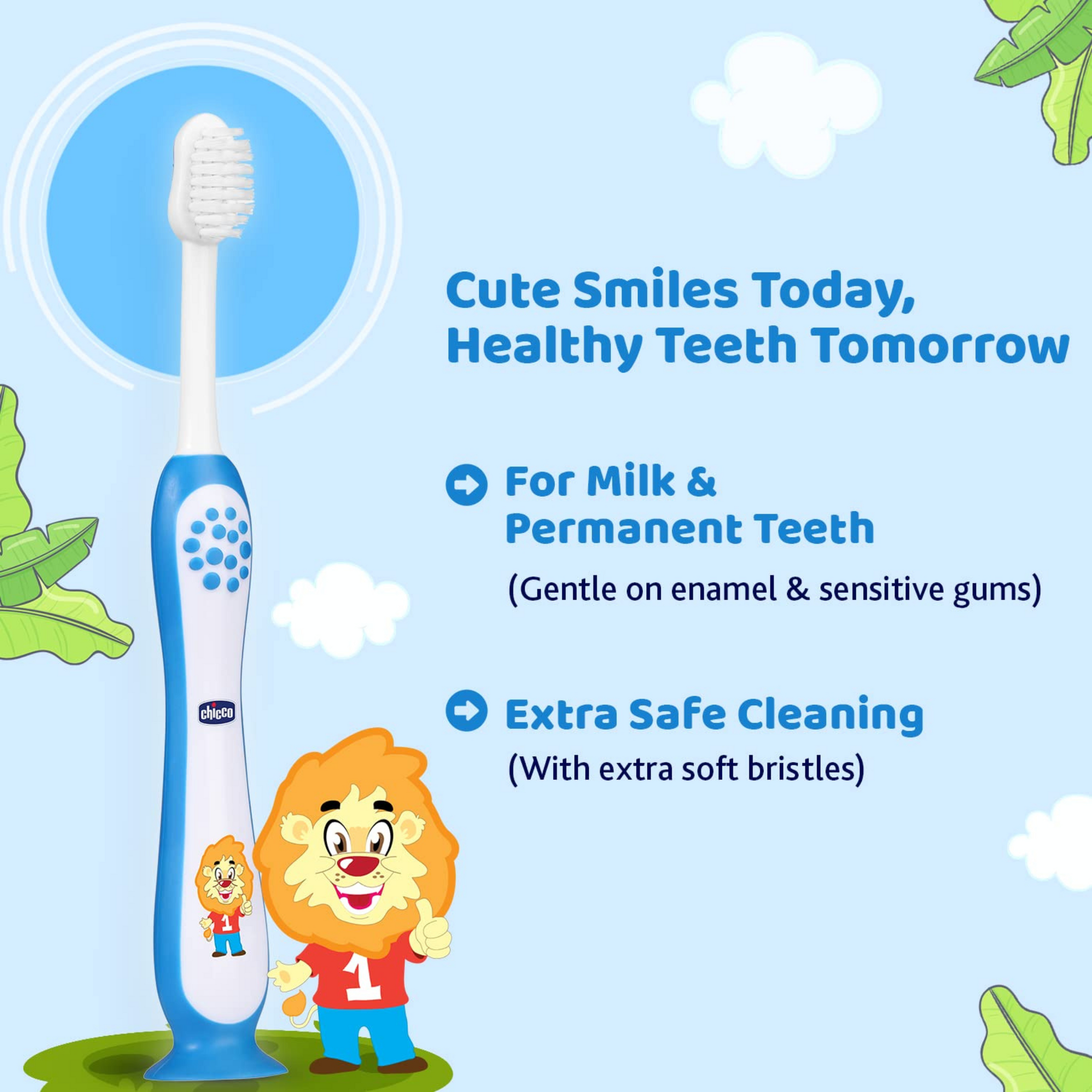 Chicco Manual Toothbrush For Kids (3Y-8Y) With Suction Cup | Extra Soft Tapered Bristles For Milk And Permanent Teeth | With Tongue Scraper And Bpa Free Material (Blue), 1 Count