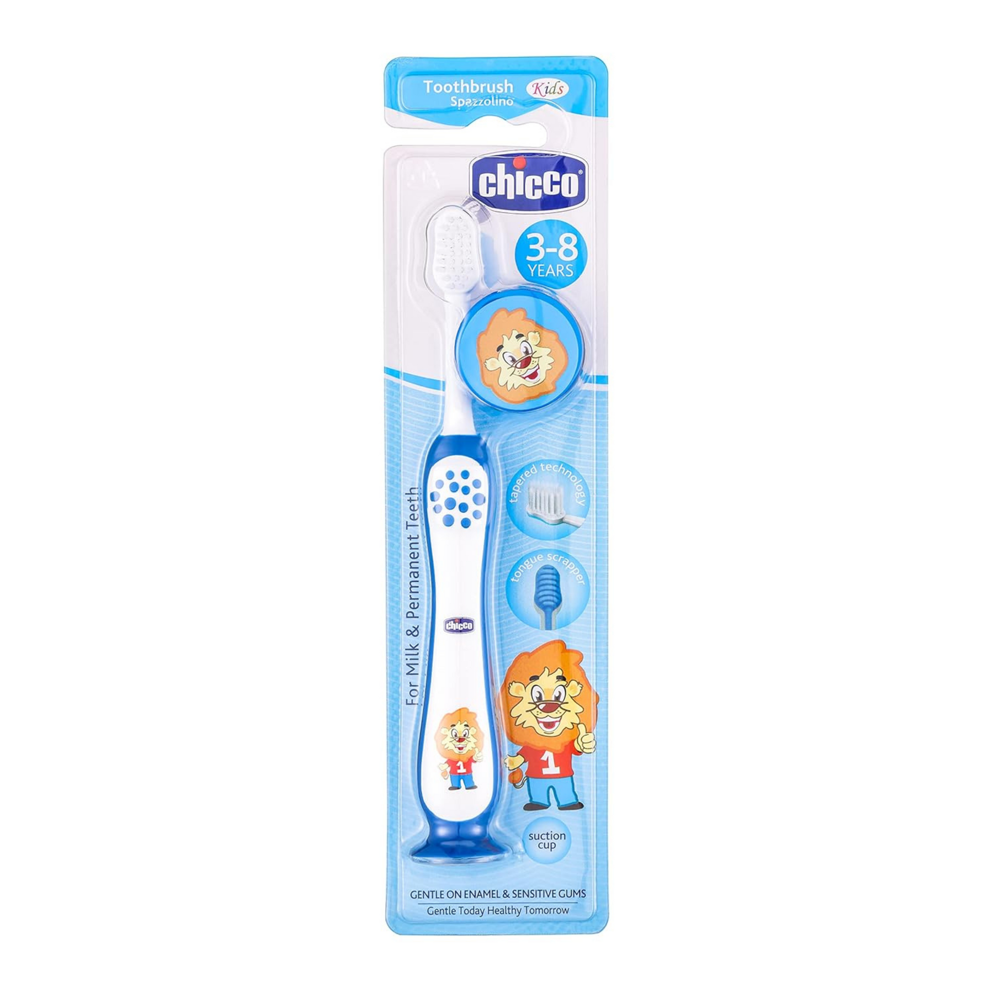 Chicco Manual Toothbrush For Kids (3Y-8Y) With Suction Cup | Extra Soft Tapered Bristles For Milk And Permanent Teeth | With Tongue Scraper And Bpa Free Material (Blue), 1 Count