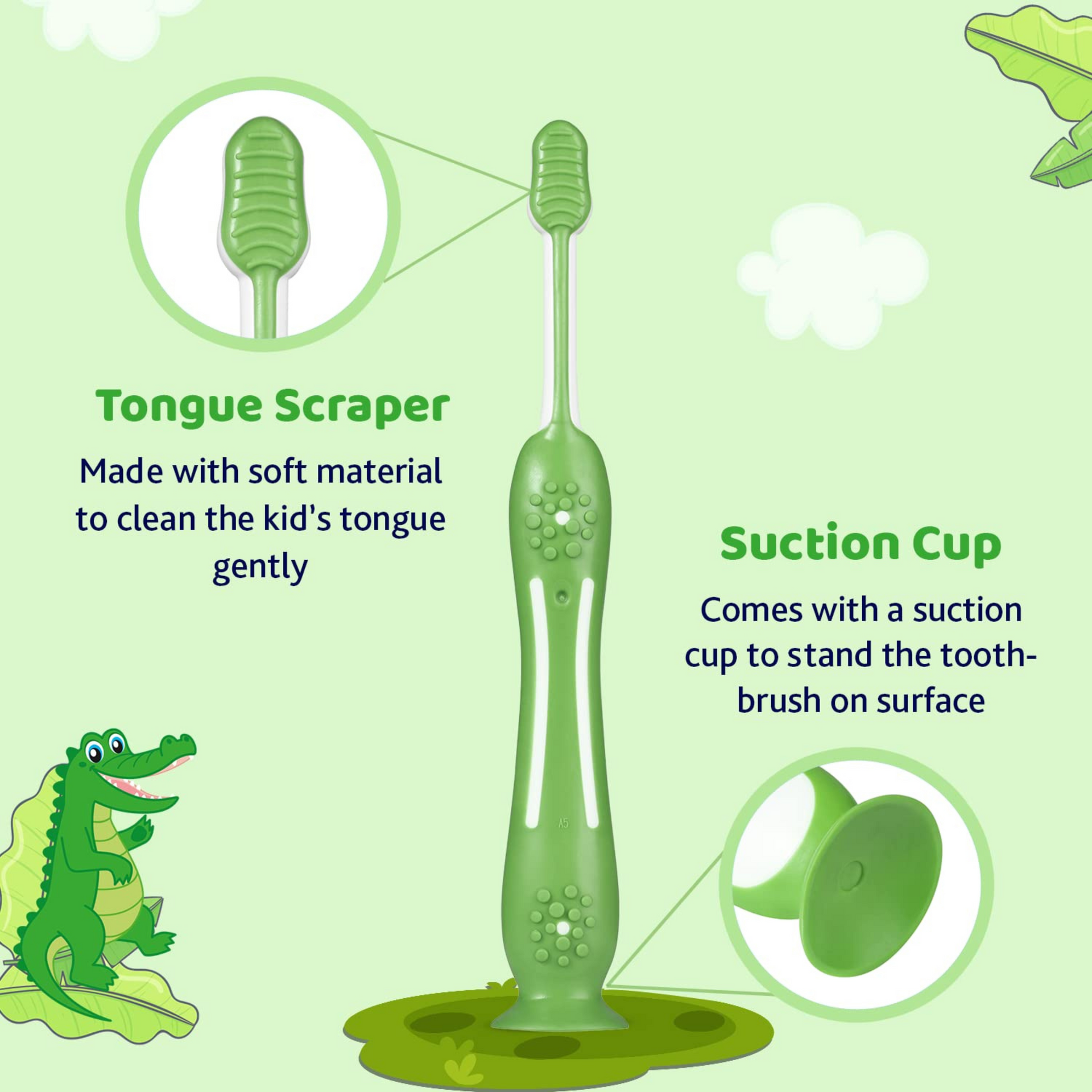 Chicco Toothbrush for Kids (3y-8y) with Suction Cup | Extra Soft Tapered Bristles for Milk and Permanent Teeth | With Tongue Scraper and BPA Free Material (Green)