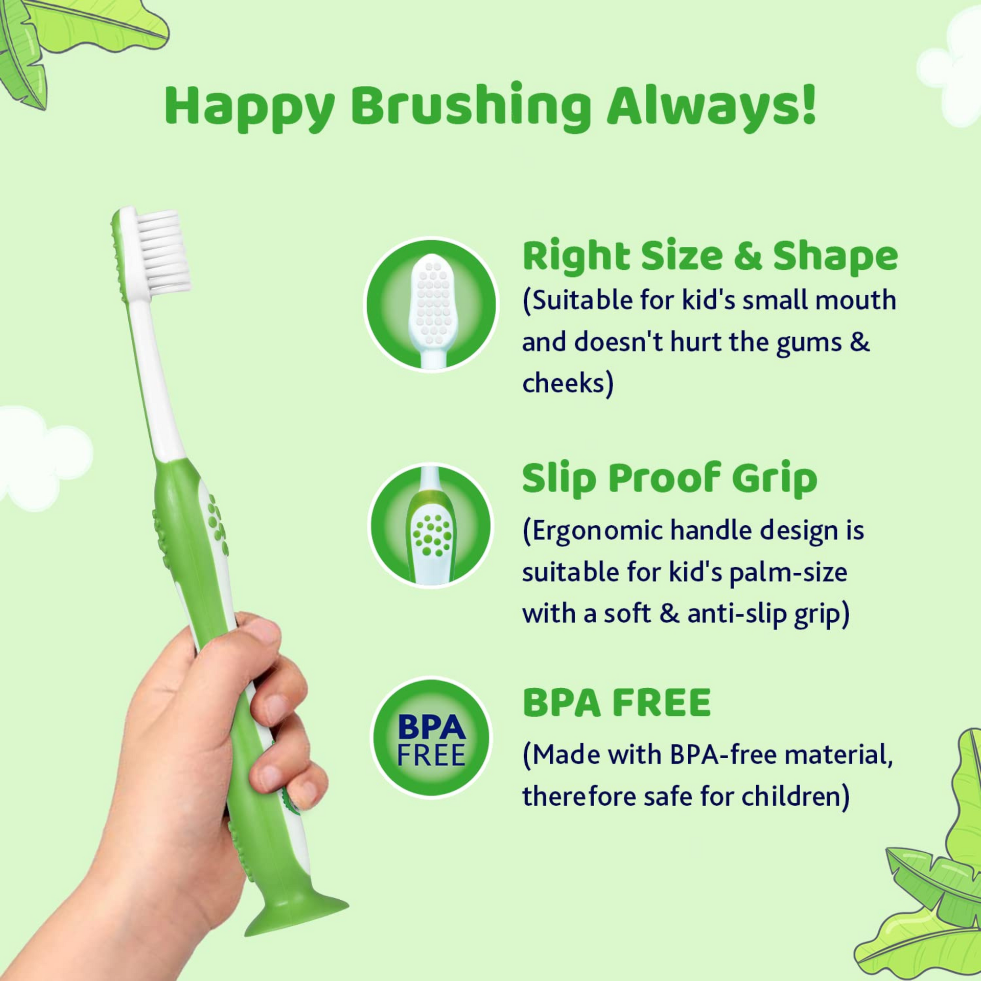 Chicco Toothbrush for Kids (3y-8y) with Suction Cup | Extra Soft Tapered Bristles for Milk and Permanent Teeth | With Tongue Scraper and BPA Free Material (Green)