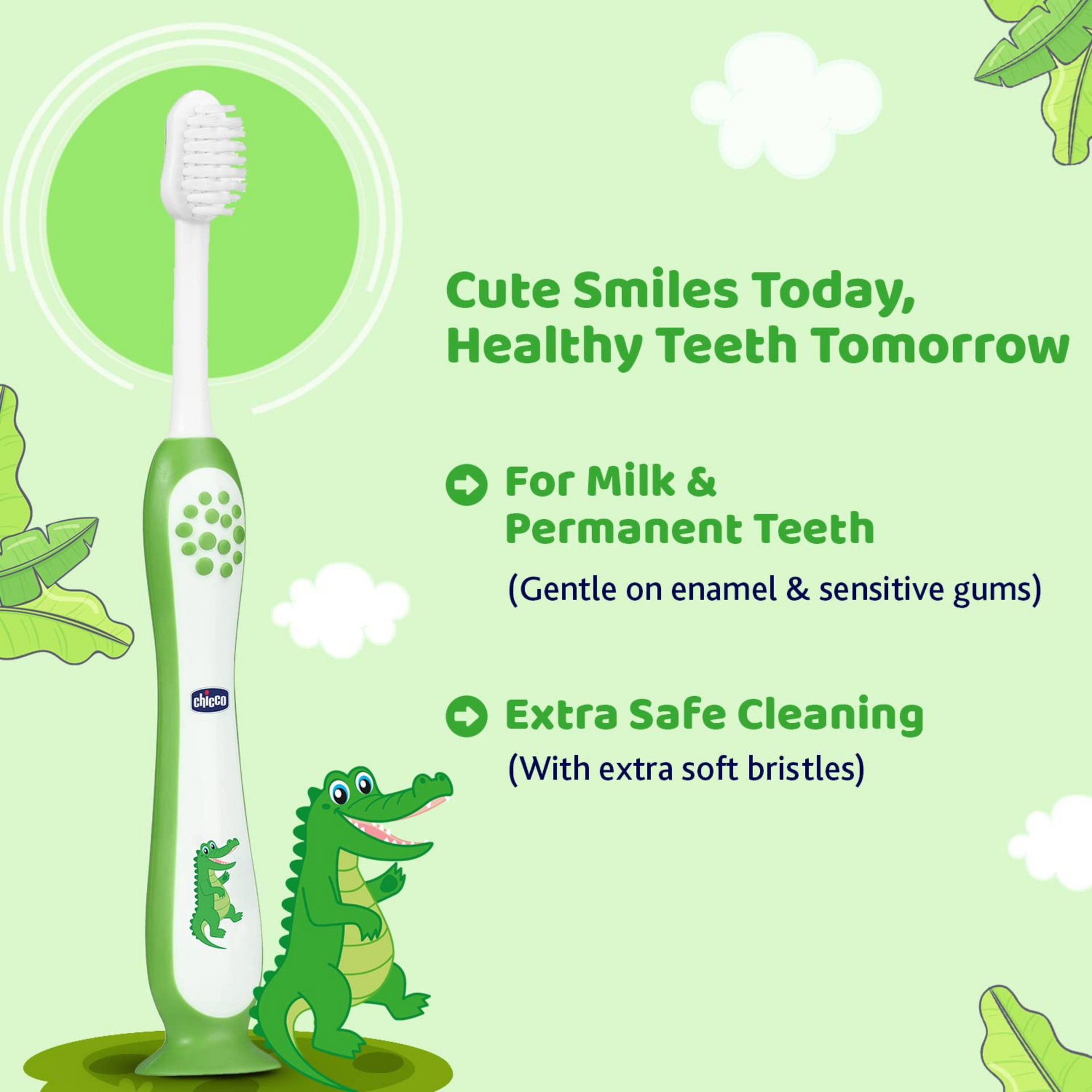 Chicco Toothbrush for Kids (3y-8y) with Suction Cup | Extra Soft Tapered Bristles for Milk and Permanent Teeth | With Tongue Scraper and BPA Free Material (Green)