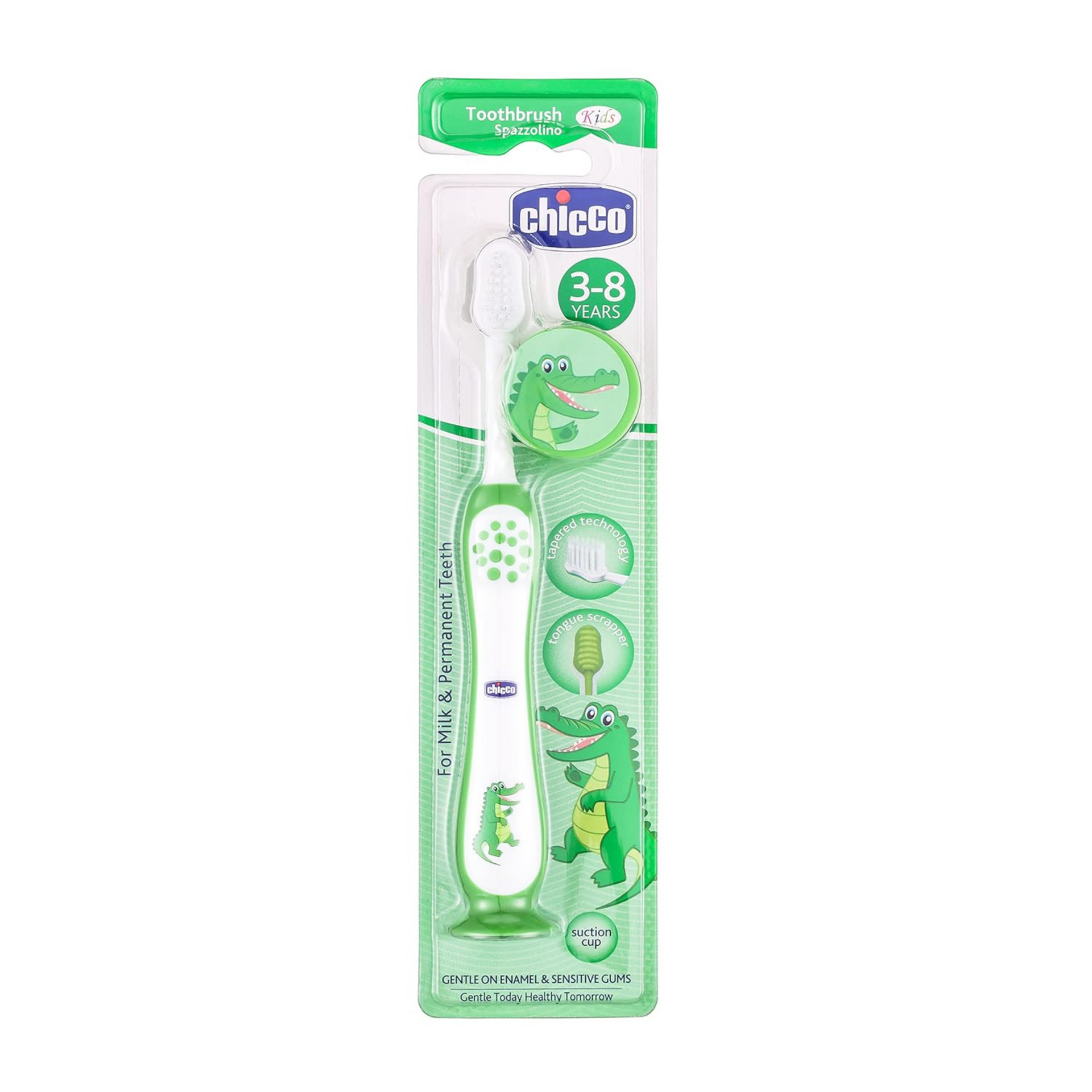 Chicco Toothbrush for Kids (3y-8y) with Suction Cup | Extra Soft Tapered Bristles for Milk and Permanent Teeth | With Tongue Scraper and BPA Free Material (Green)