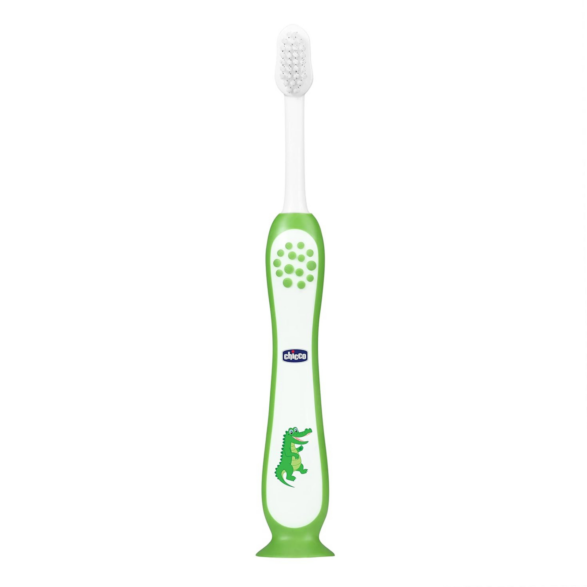 Chicco Toothbrush for Kids (3y-8y) with Suction Cup | Extra Soft Tapered Bristles for Milk and Permanent Teeth | With Tongue Scraper and BPA Free Material (Green)