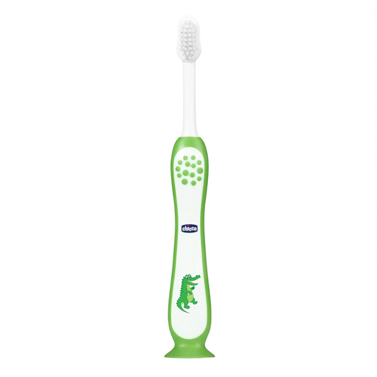 Chicco Toothbrush for Kids (3y-8y) with Suction Cup | Extra Soft Tapered Bristles for Milk and Permanent Teeth | With Tongue Scraper and BPA Free Material (Green)