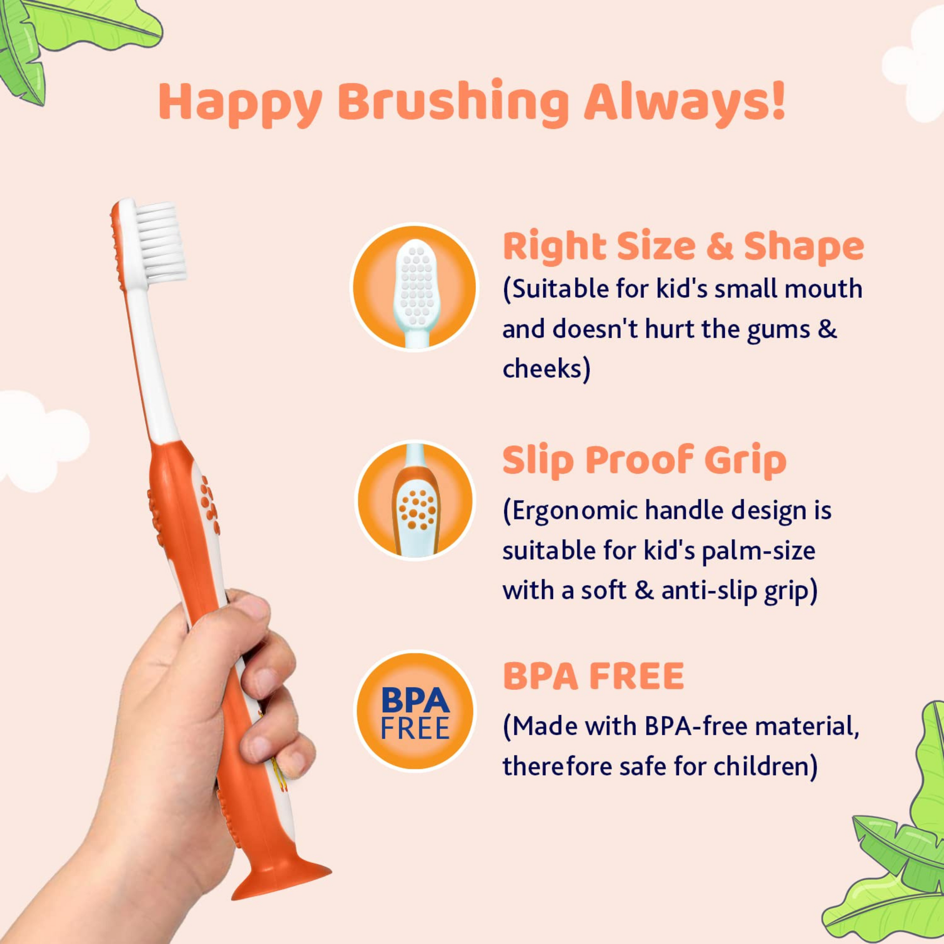 Chicco Toothbrush for Kids (3y-8y) with Suction Cup | Extra Soft Tapered Bristles for Milk and Permanent Teeth | With Tongue Scraper and BPA Free Material (Orange)