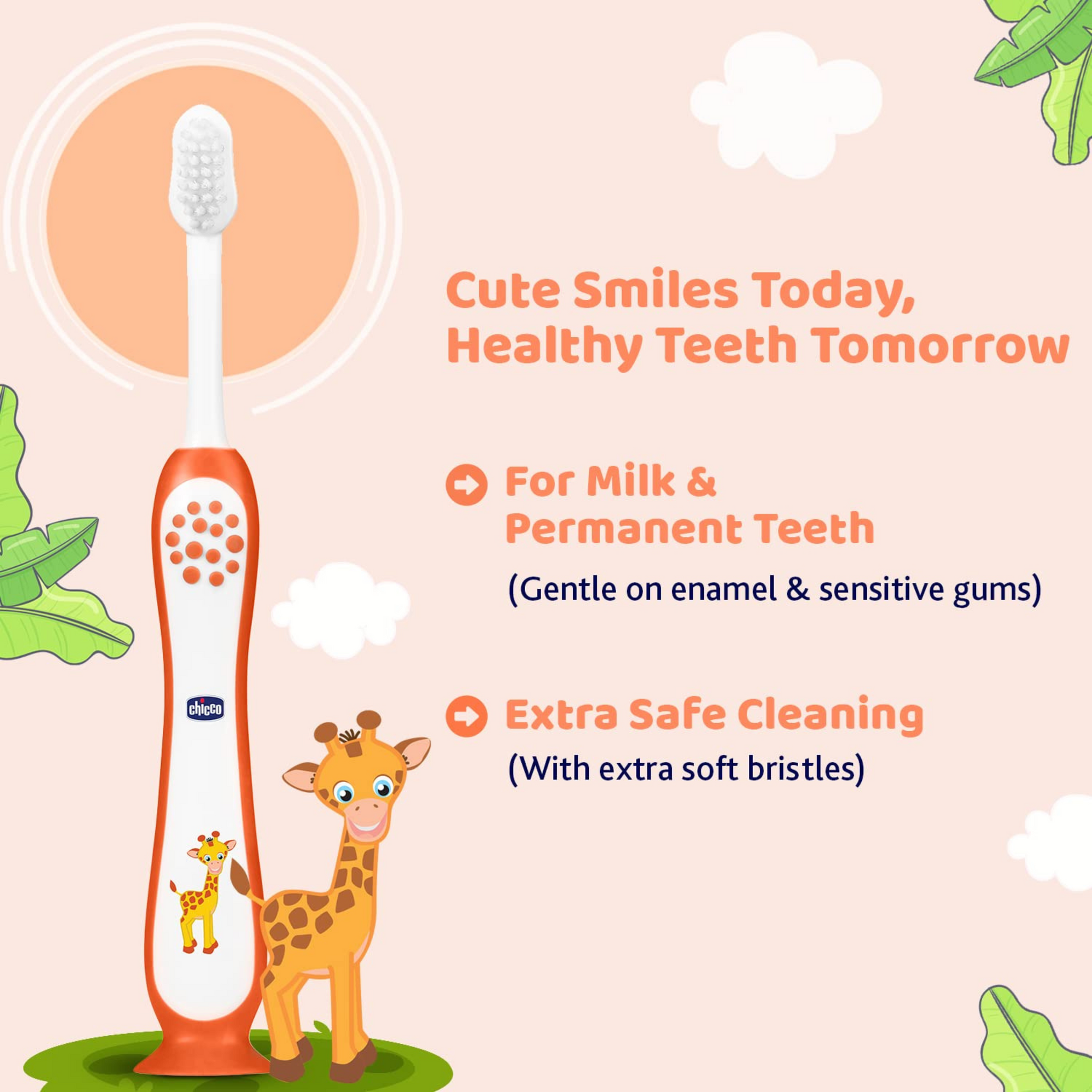 Chicco Toothbrush for Kids (3y-8y) with Suction Cup | Extra Soft Tapered Bristles for Milk and Permanent Teeth | With Tongue Scraper and BPA Free Material (Orange)