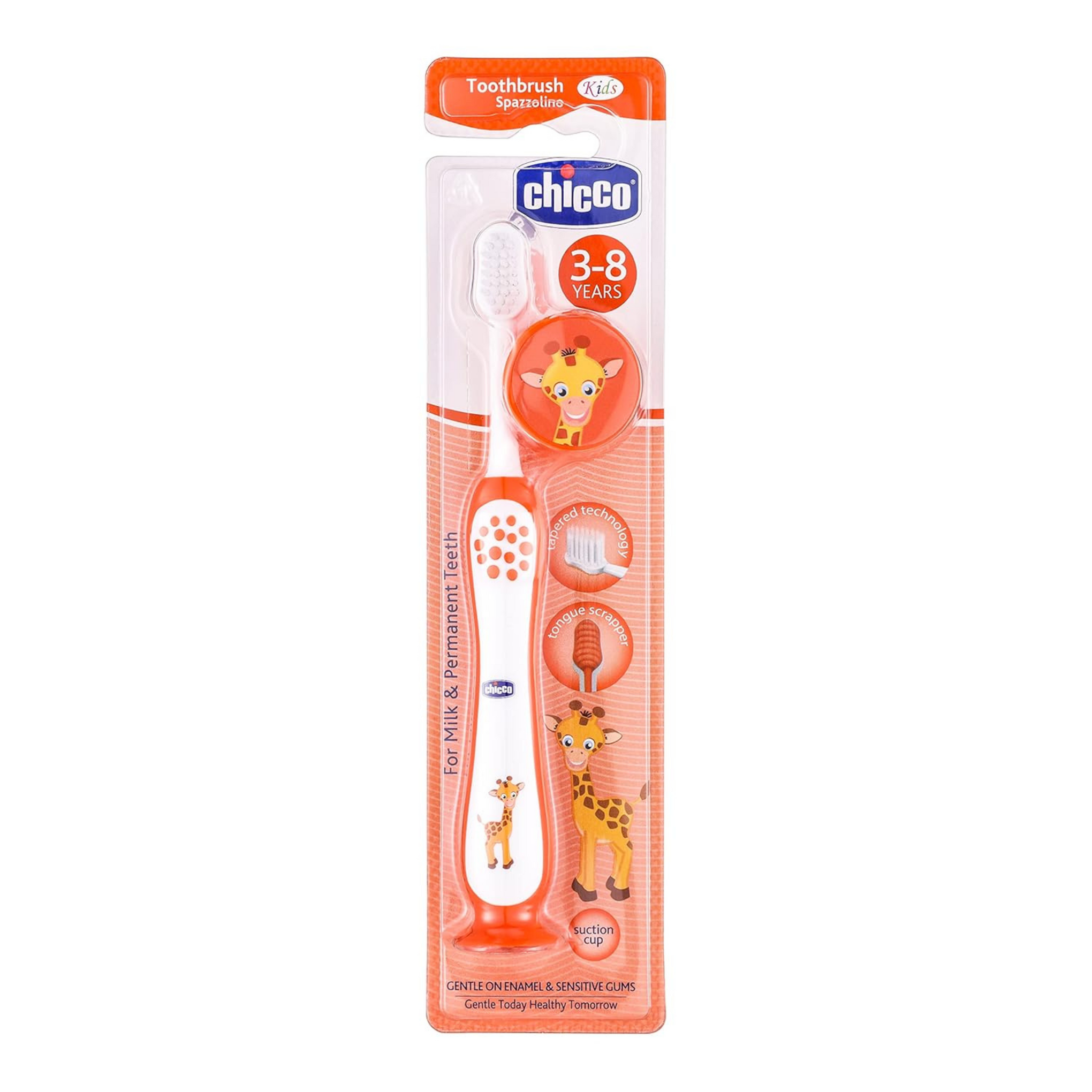 Chicco Toothbrush for Kids (3y-8y) with Suction Cup | Extra Soft Tapered Bristles for Milk and Permanent Teeth | With Tongue Scraper and BPA Free Material (Orange)