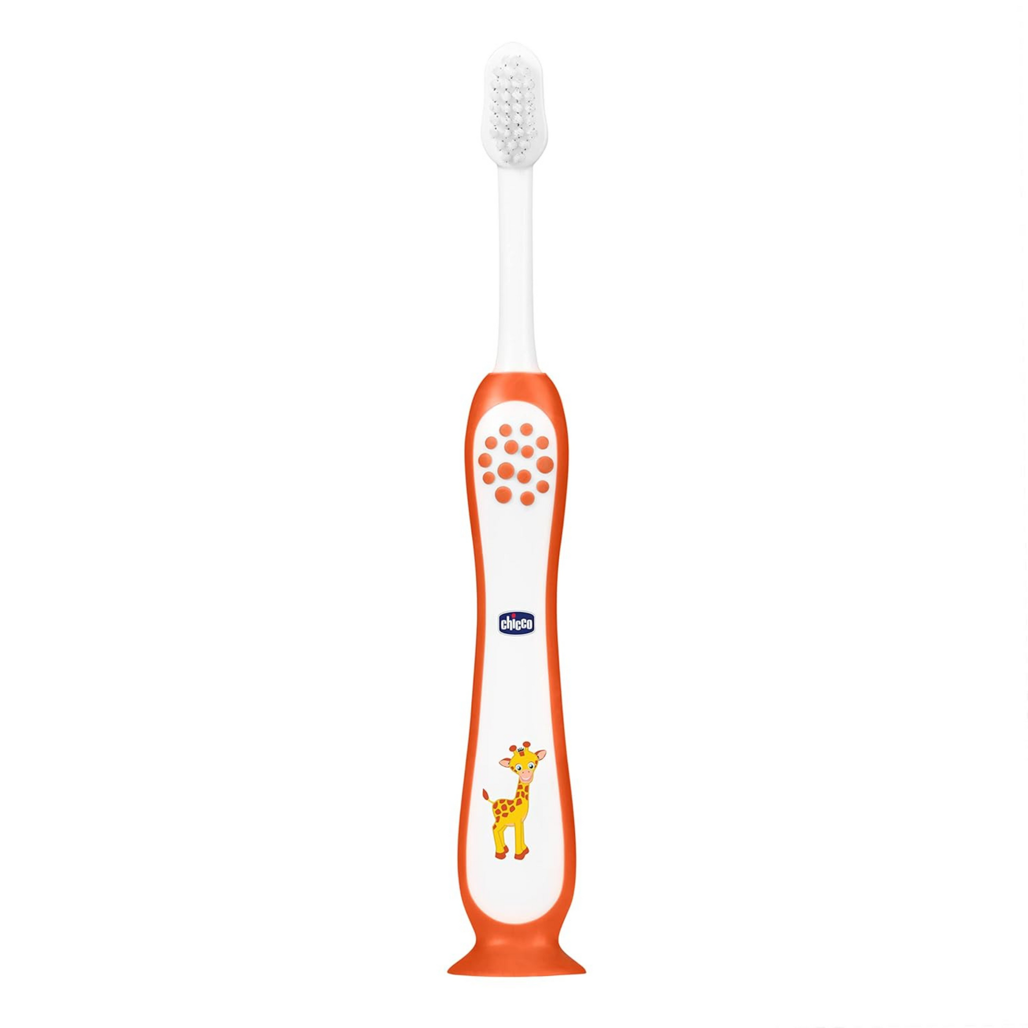 Chicco Toothbrush for Kids (3y-8y) with Suction Cup | Extra Soft Tapered Bristles for Milk and Permanent Teeth | With Tongue Scraper and BPA Free Material (Orange)