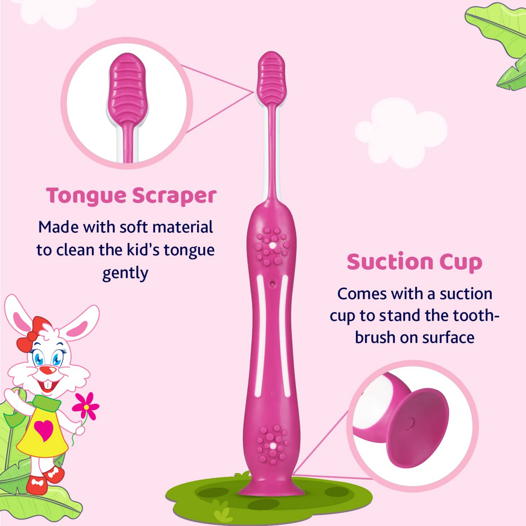 Chicco Toothbrush for Kids (3y-8y) with Suction Cup | Extra Soft Tapered Bristles for Milk and Permanent Teeth | With Tongue Scraper and BPA Free Material (Pink)