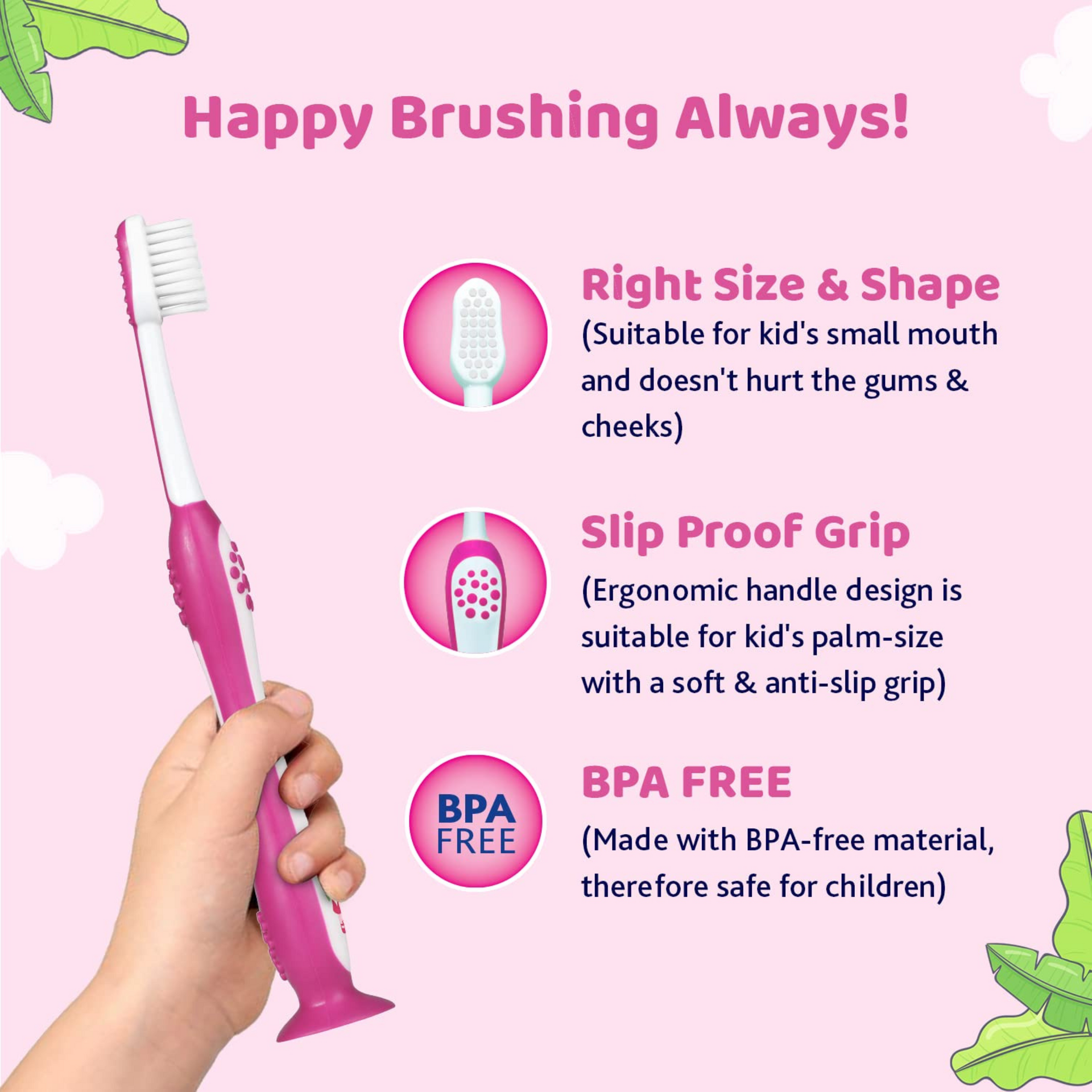 Chicco Toothbrush for Kids (3y-8y) with Suction Cup | Extra Soft Tapered Bristles for Milk and Permanent Teeth | With Tongue Scraper and BPA Free Material (Pink)