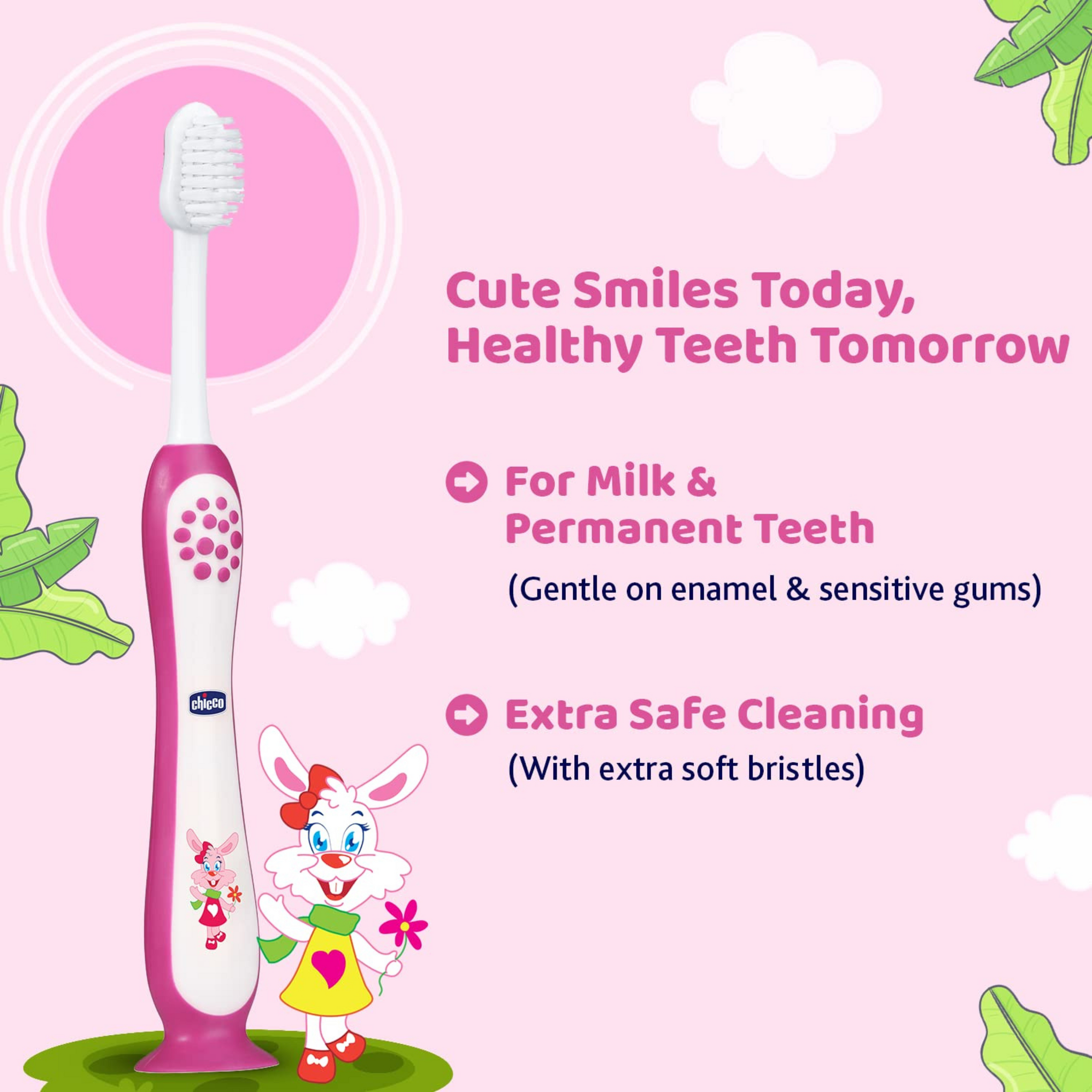 Chicco Toothbrush for Kids (3y-8y) with Suction Cup | Extra Soft Tapered Bristles for Milk and Permanent Teeth | With Tongue Scraper and BPA Free Material (Pink)