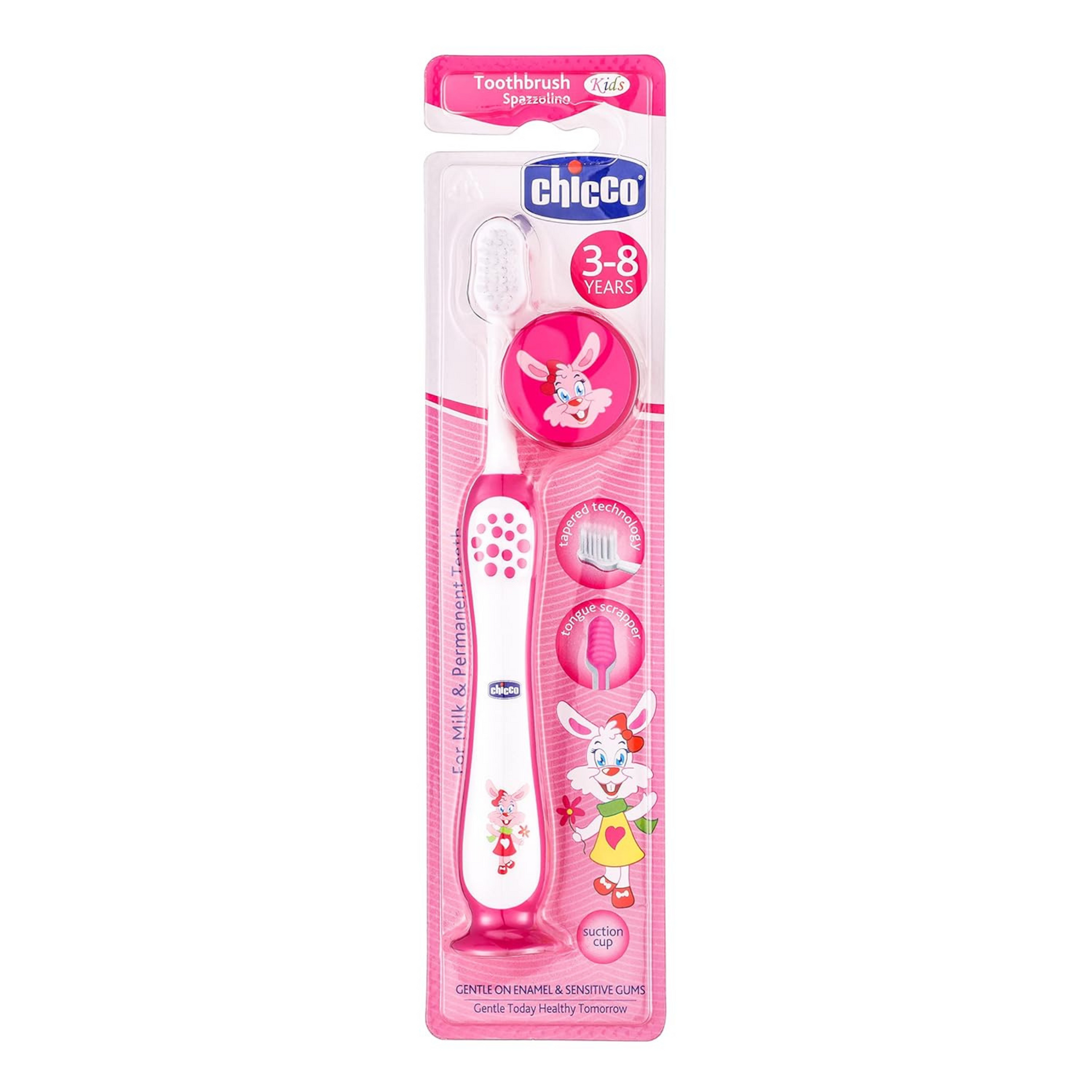 Chicco Toothbrush for Kids (3y-8y) with Suction Cup | Extra Soft Tapered Bristles for Milk and Permanent Teeth | With Tongue Scraper and BPA Free Material (Pink)