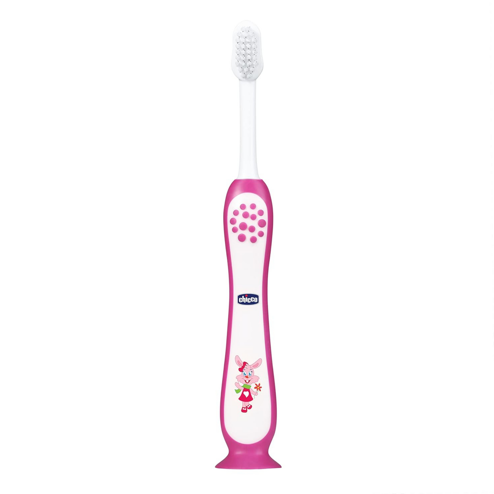 Chicco Toothbrush for Kids (3y-8y) with Suction Cup | Extra Soft Tapered Bristles for Milk and Permanent Teeth | With Tongue Scraper and BPA Free Material (Pink)