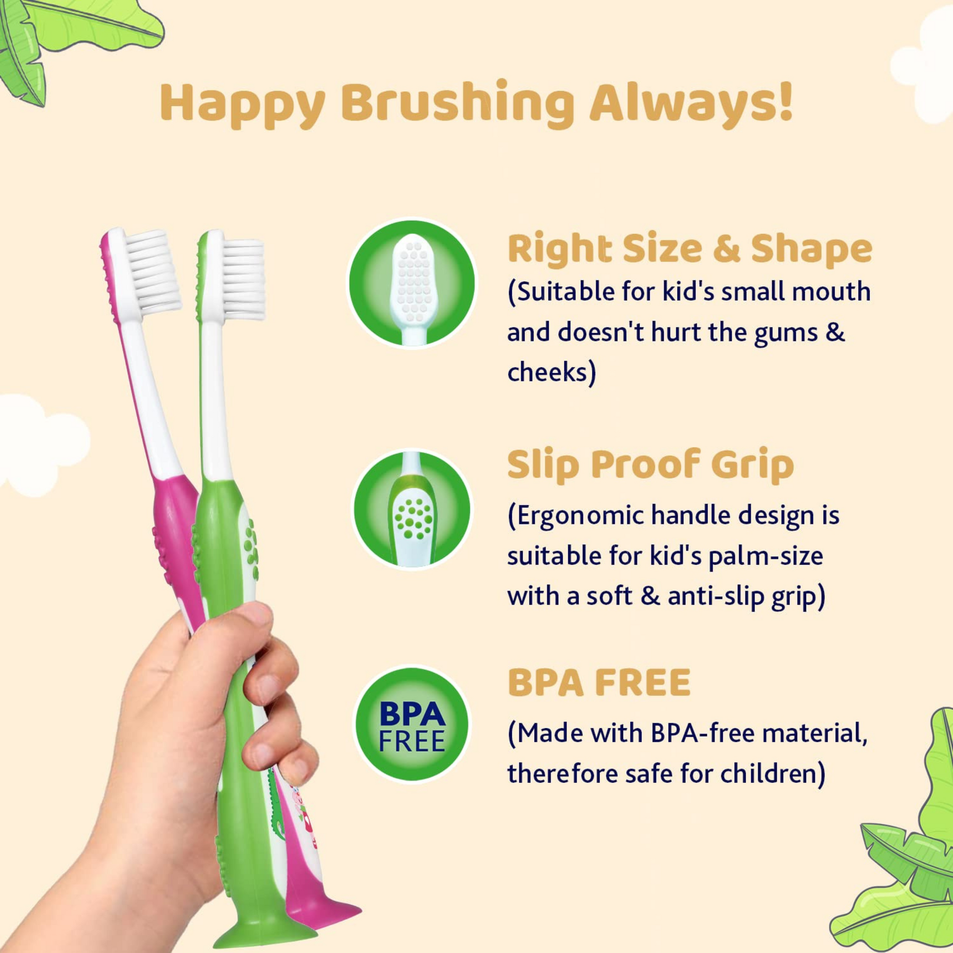 hicco Toothbrush for Kids (3y-8y) with Suction Cup, Set of 2 | Extra Soft Tapered Bristles for Milk and Permanent Teeth | With Tongue Scraper and BPA Free Material (Pink, Green)