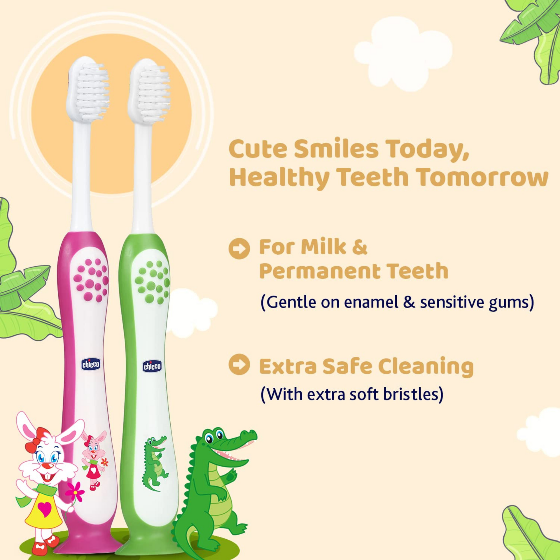 hicco Toothbrush for Kids (3y-8y) with Suction Cup, Set of 2 | Extra Soft Tapered Bristles for Milk and Permanent Teeth | With Tongue Scraper and BPA Free Material (Pink, Green)