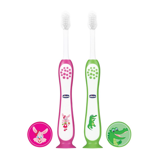 hicco Toothbrush for Kids (3y-8y) with Suction Cup, Set of 2 | Extra Soft Tapered Bristles for Milk and Permanent Teeth | With Tongue Scraper and BPA Free Material (Pink, Green)