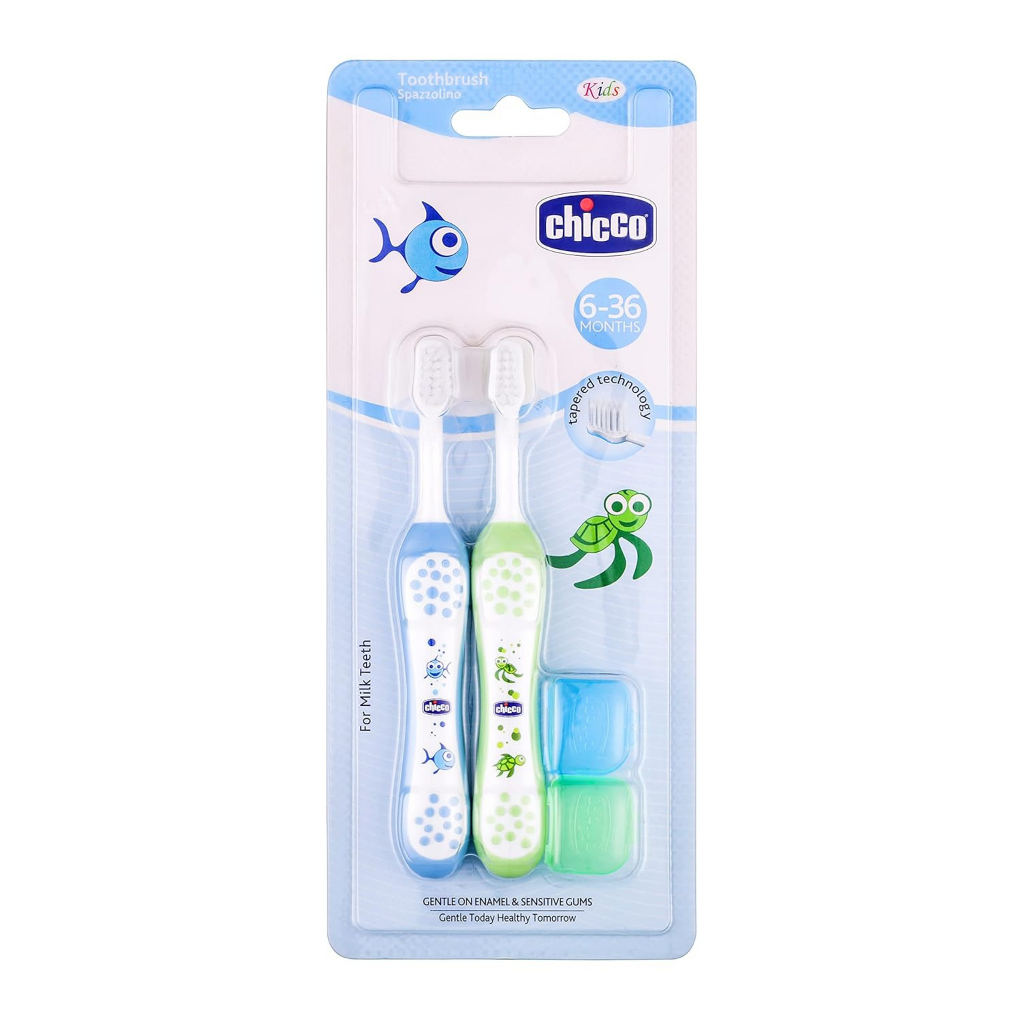 Chicco Baby Toothbrush for Infants (6m-36m), Set of 2 | Extra Soft Tapered Bristles ideal for Milk Teeth | BPA Free (Blue, Green)