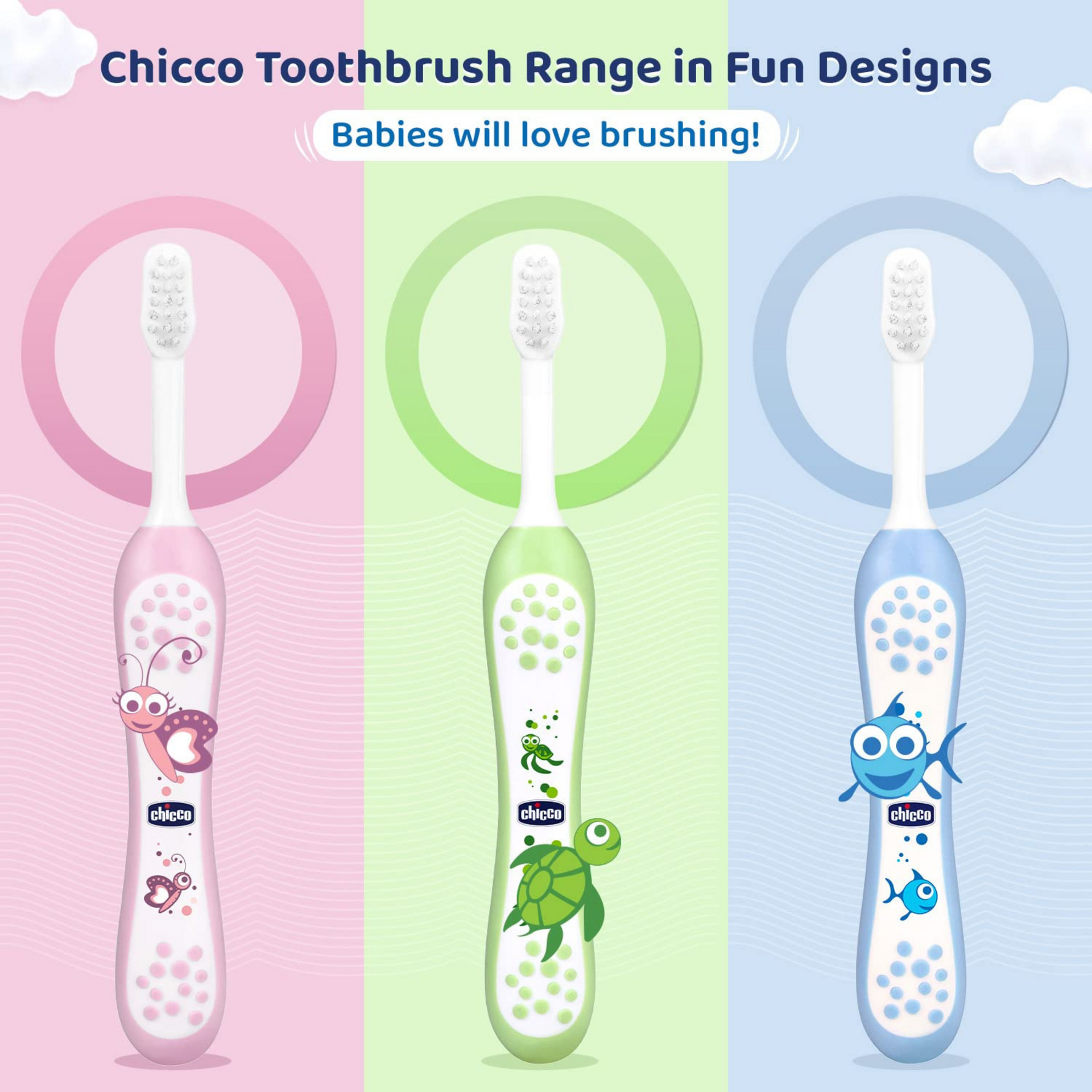 Chicco Baby Toothbrush for Infants (6m-36m), Set of 2 | Extra Soft Tapered Bristles ideal for Milk Teeth | BPA Free (Blue, Green)