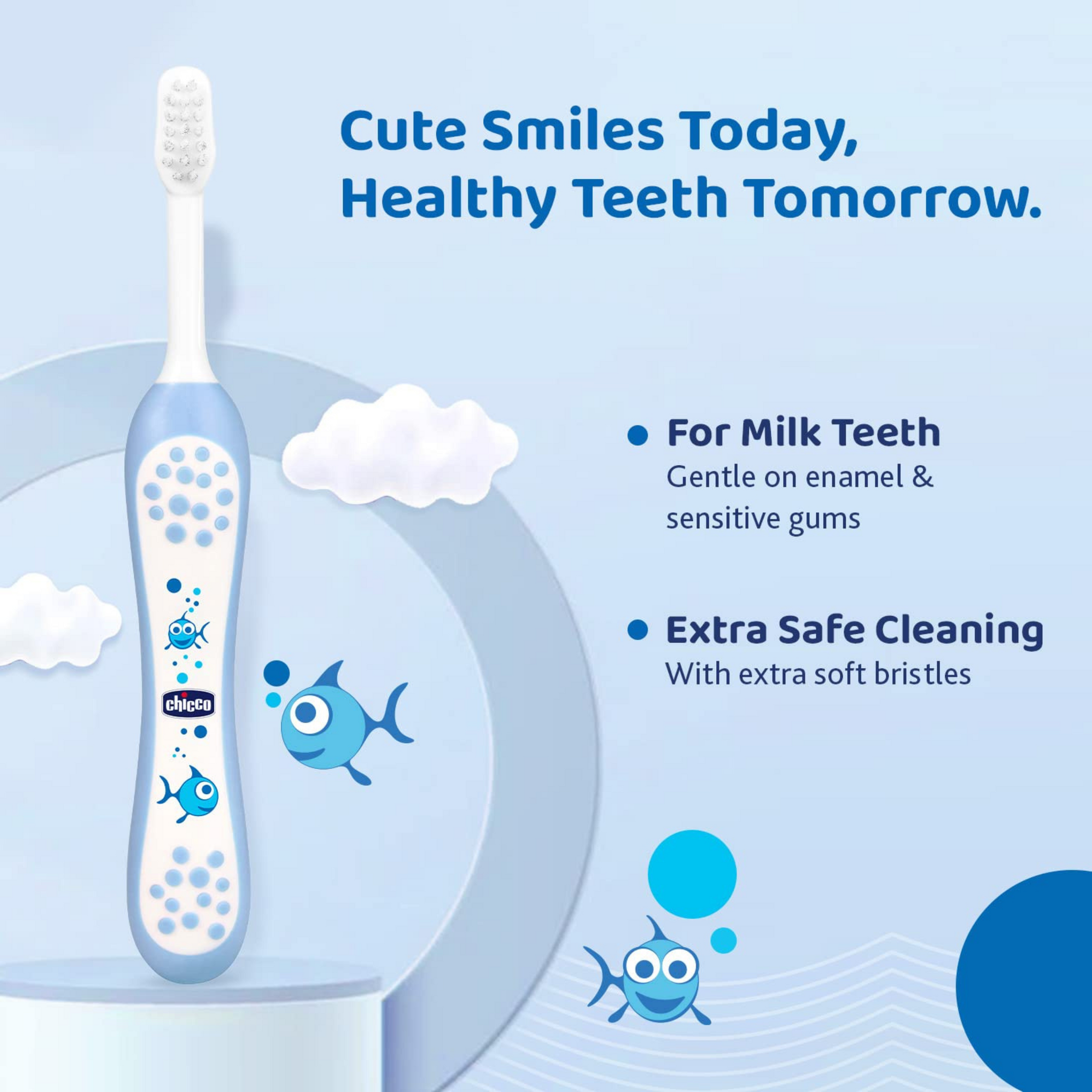 Chicco Baby Manual Toothbrush For Infants (6M-36M), Extra Soft Tapered Bristles Ideal For Milk Teeth | Bpa Free (Blue), 1 Count