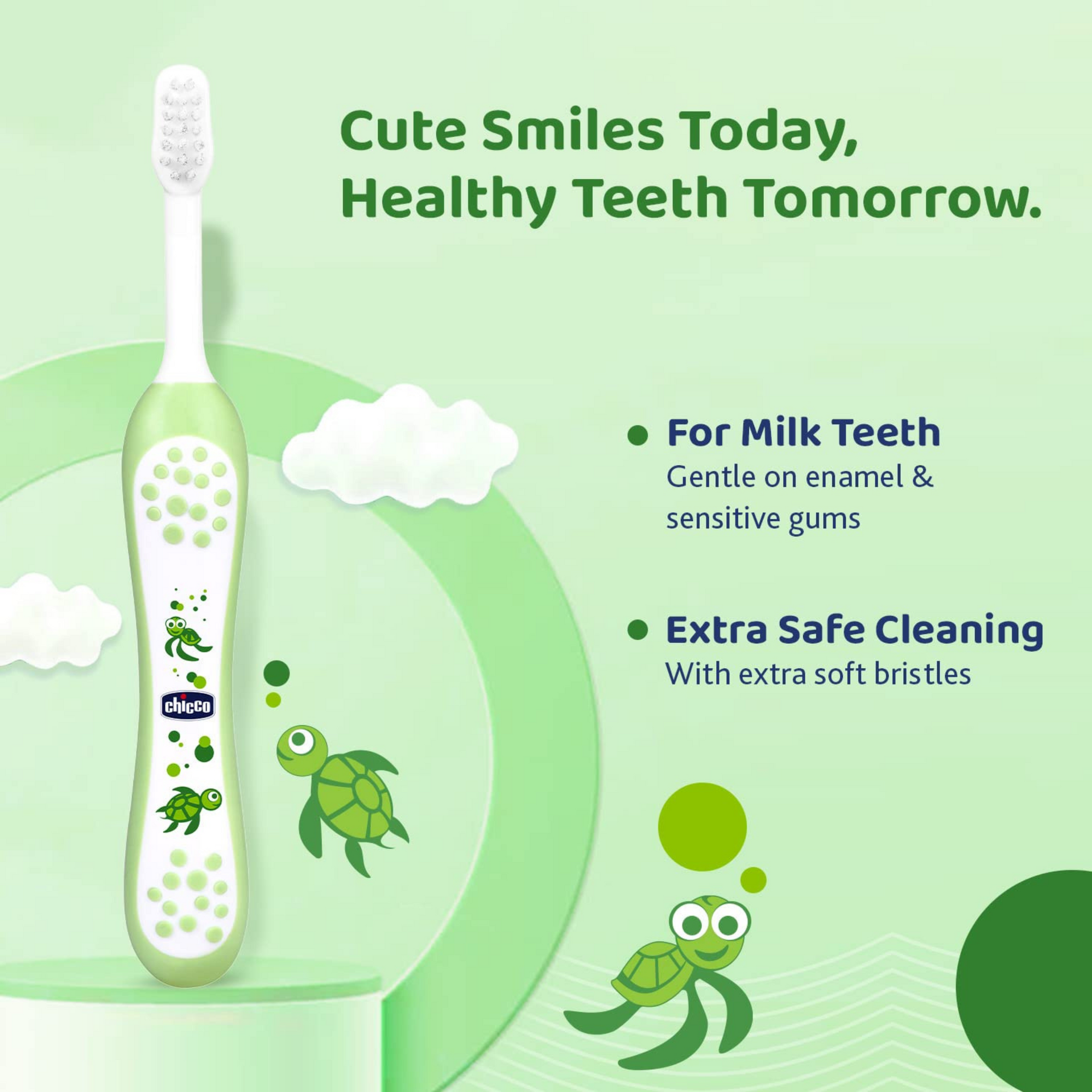 Chicco Baby Manual Toothbrush For Infants (6M-36M), Extra Soft Tapered Bristles Ideal For Milk Teeth | Bpa Free (Green)