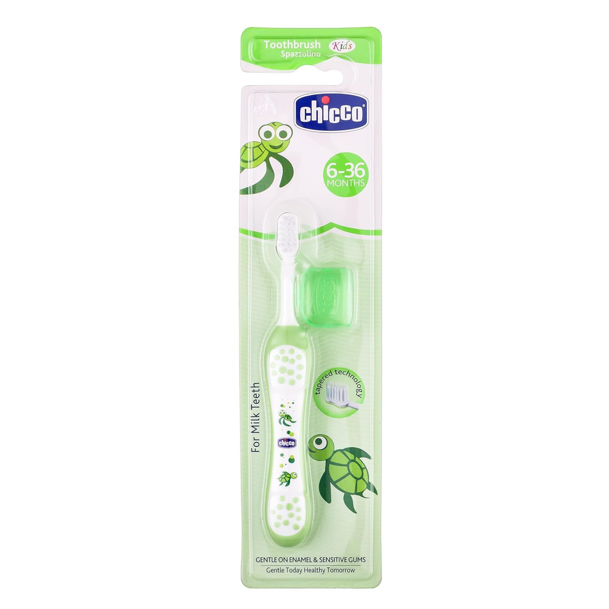 Chicco Baby Manual Toothbrush For Infants (6M-36M), Extra Soft Tapered Bristles Ideal For Milk Teeth | Bpa Free (Green)