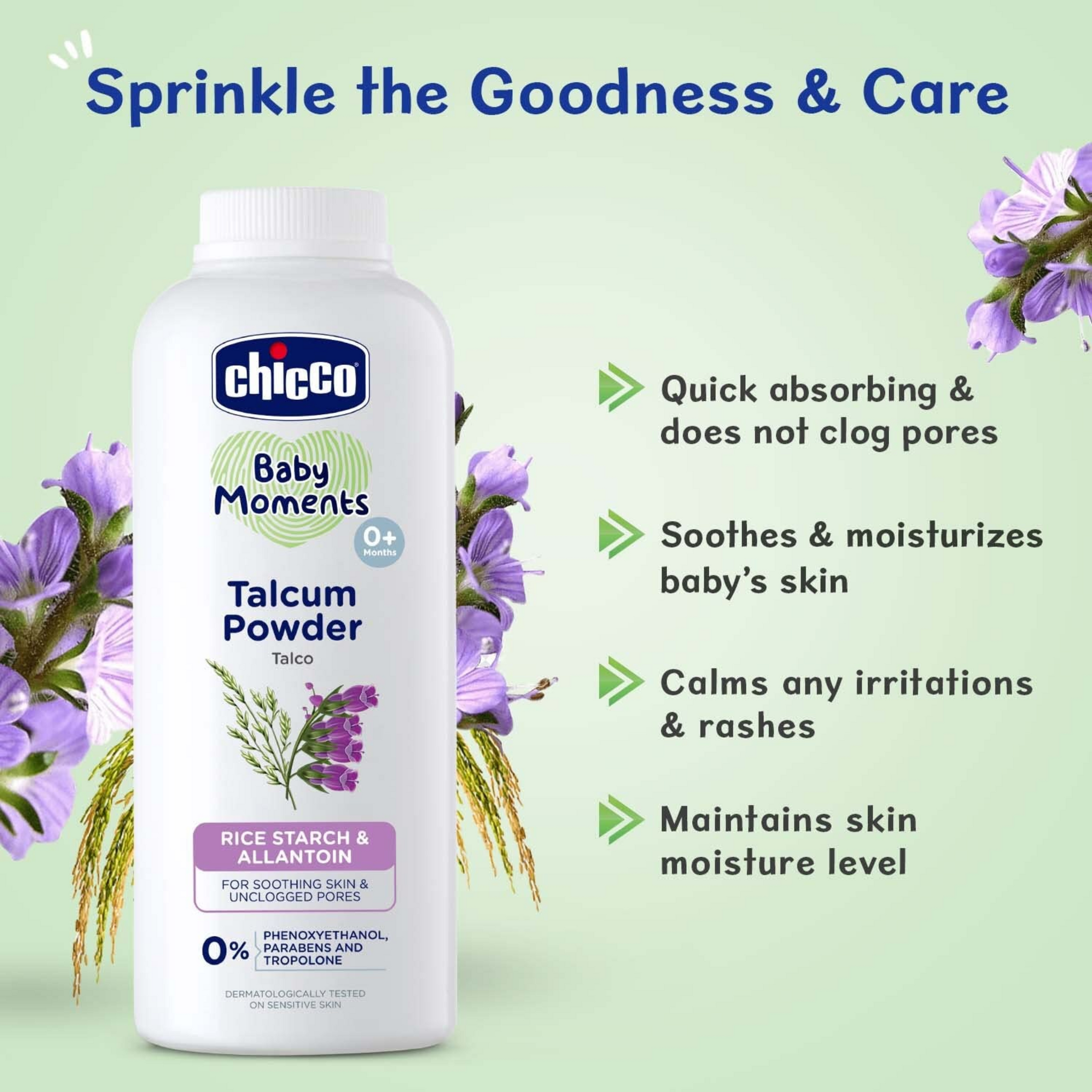 Chicco Baby Moments Talcum Powder With Natural Ingredients, Soothes &amp; Moisturises Baby S Skin, Dermatologically Tested, Paraben Free, Phenoxyethanol Free 0M+ White..