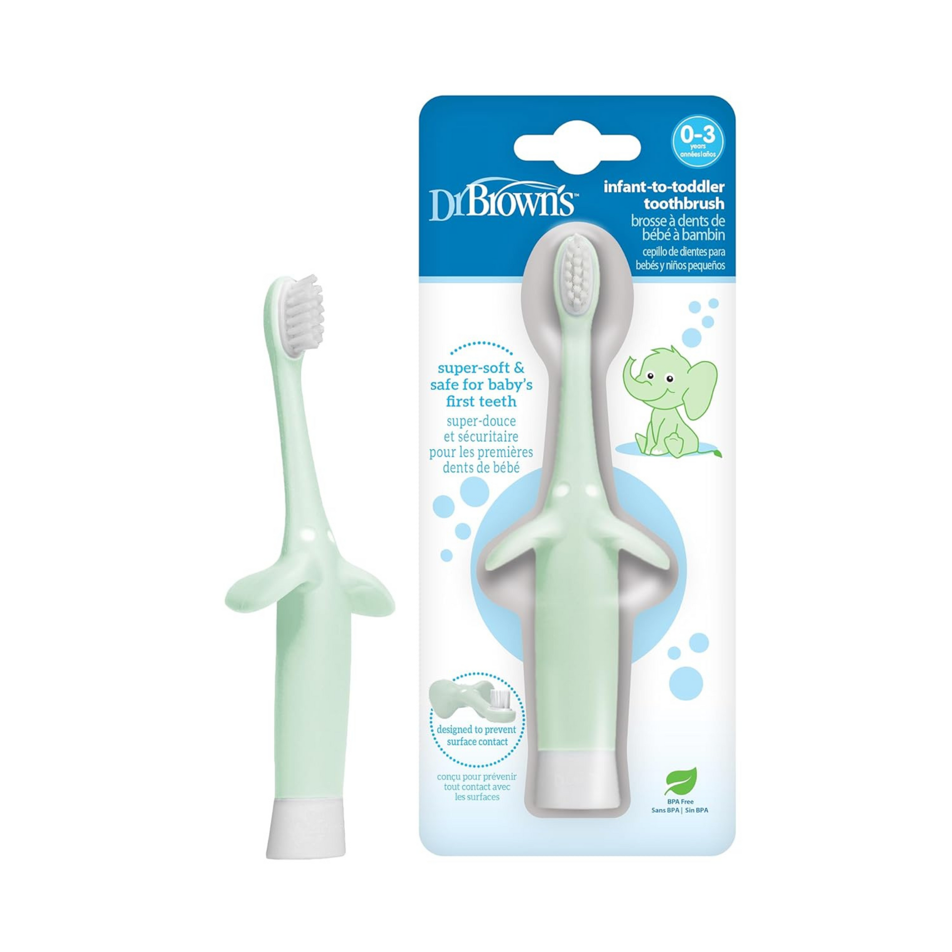 Dr. Brown's Infant-To-Toddler Manual Toothbrush, Elephant, Mint, 0-3 Years, 1 Piece,Green