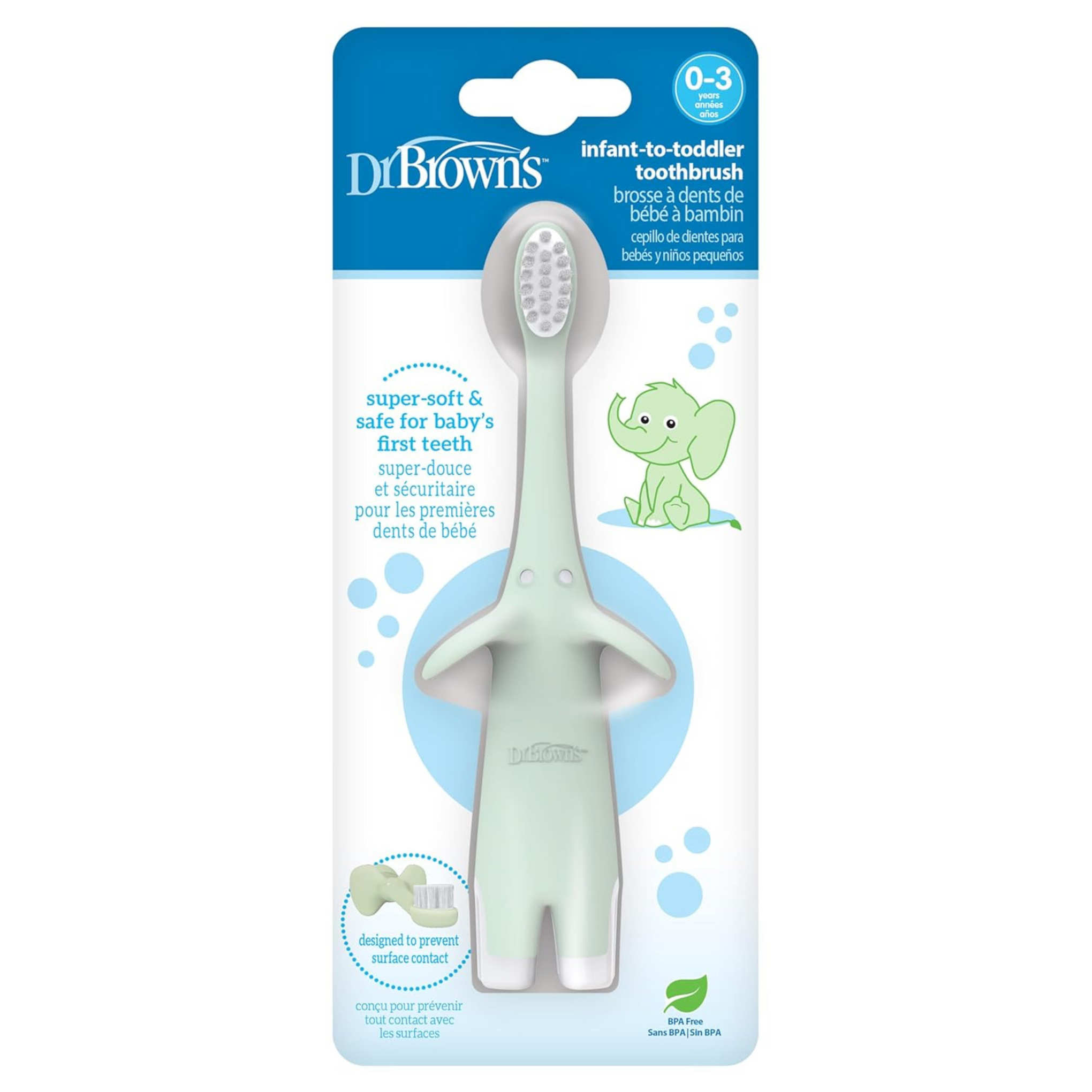 Dr. Brown's Infant-To-Toddler Manual Toothbrush, Elephant, Mint, 0-3 Years, 1 Piece,Green