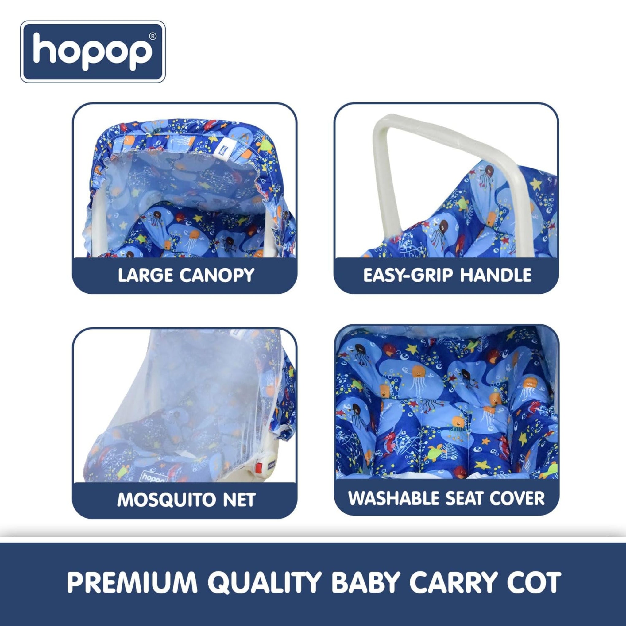 Hopop Baby Carry Cot | 5 in 1 Comfy Baby Carry Cot for 0-2 Years | Rocker, Feeding Chair, Recliner, Baby Chair | Adjustable Handle | Large Canopy | 3-Point Safety Lap Belt | Weight Upto 13 kgs.