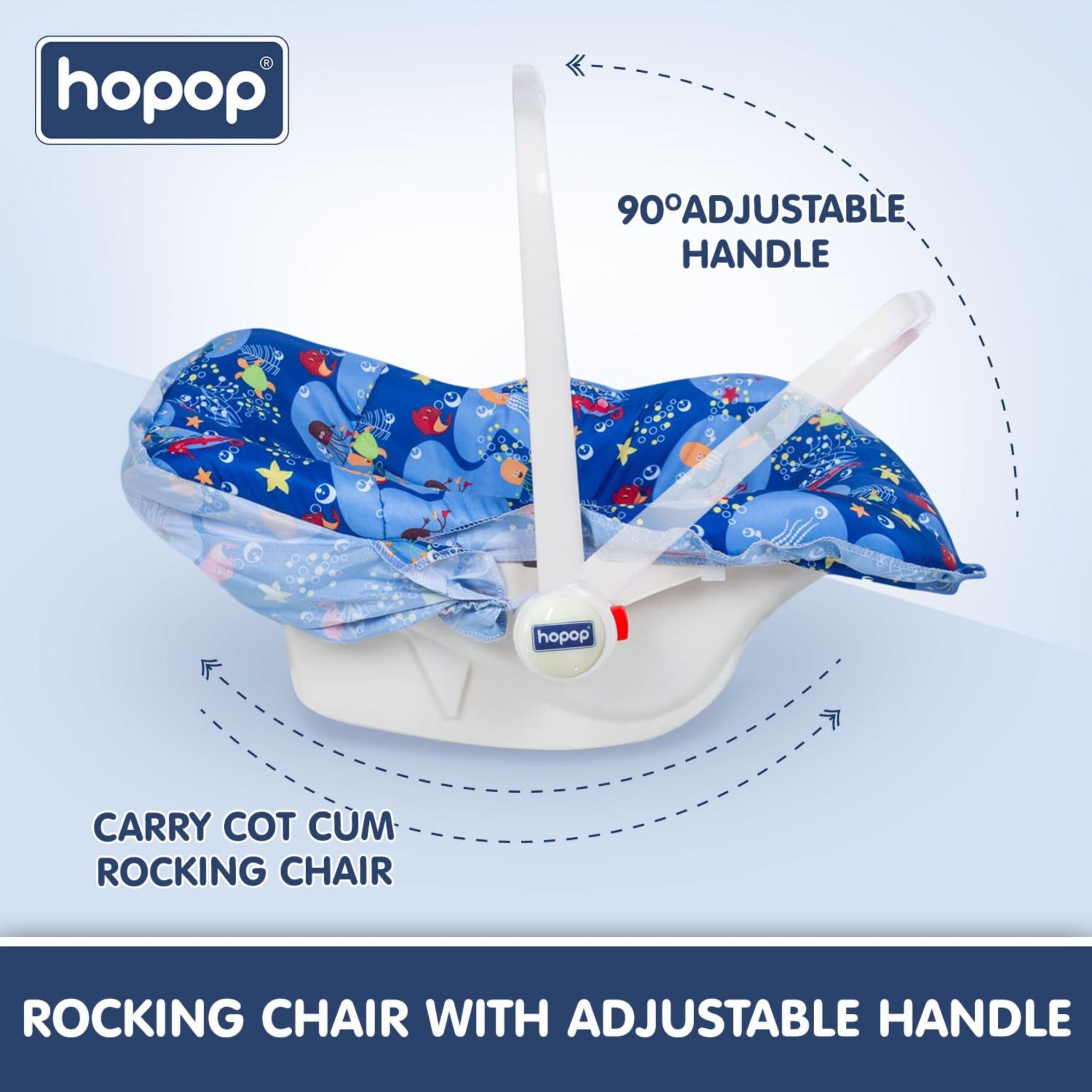 Hopop Baby Carry Cot | 5 in 1 Comfy Baby Carry Cot for 0-2 Years | Rocker, Feeding Chair, Recliner, Baby Chair | Adjustable Handle | Large Canopy | 3-Point Safety Lap Belt | Weight Upto 13 kgs.