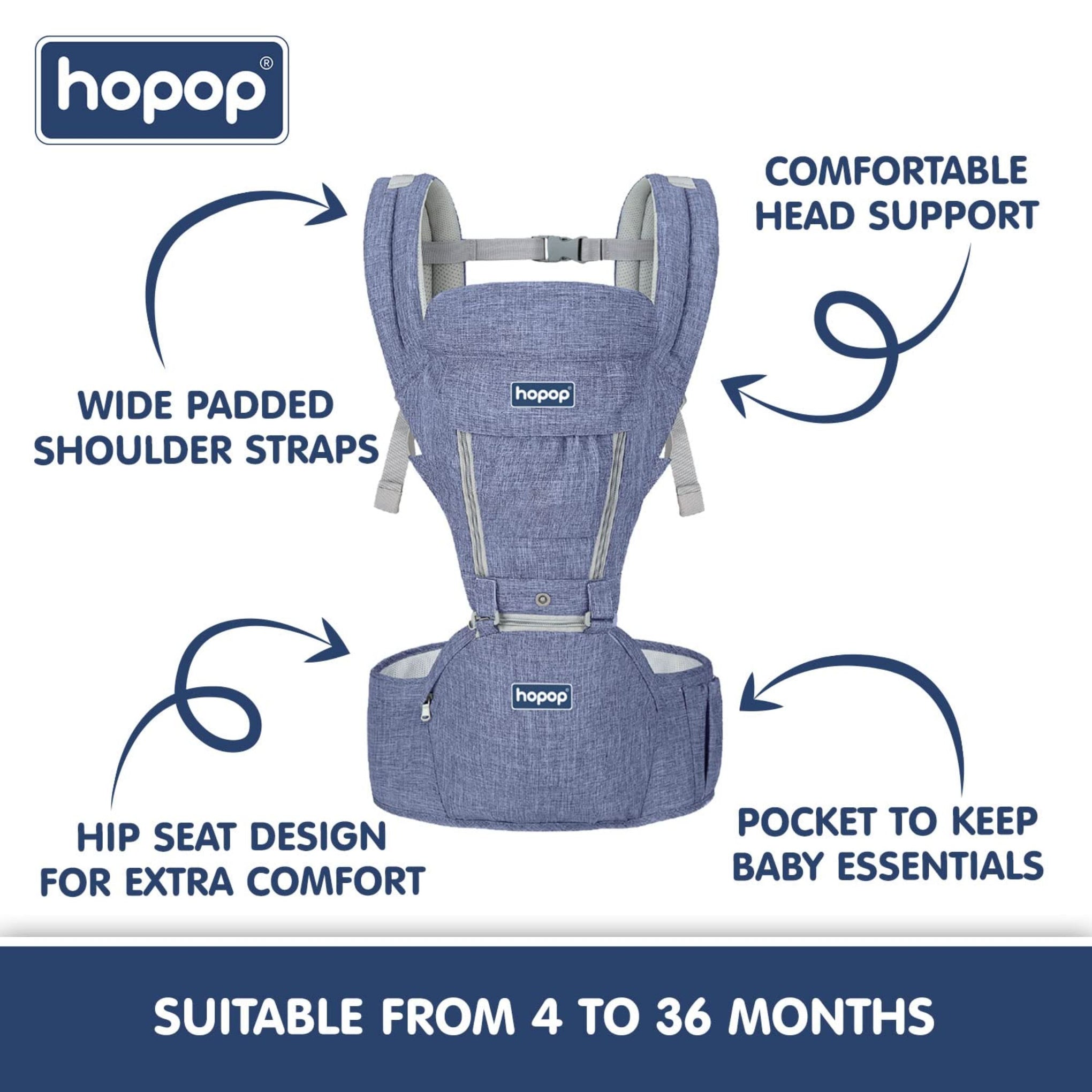 Hopop Hip Seat Baby Carrier | 5 in 1 Elite Hip Carrier for Baby | Ergonomic Solution for Newborn to Toddler | Adjustable and Breathable Holding Belt | Suitable for 4 to 36 Months | Max Weight up to 15 Kgs | Blue