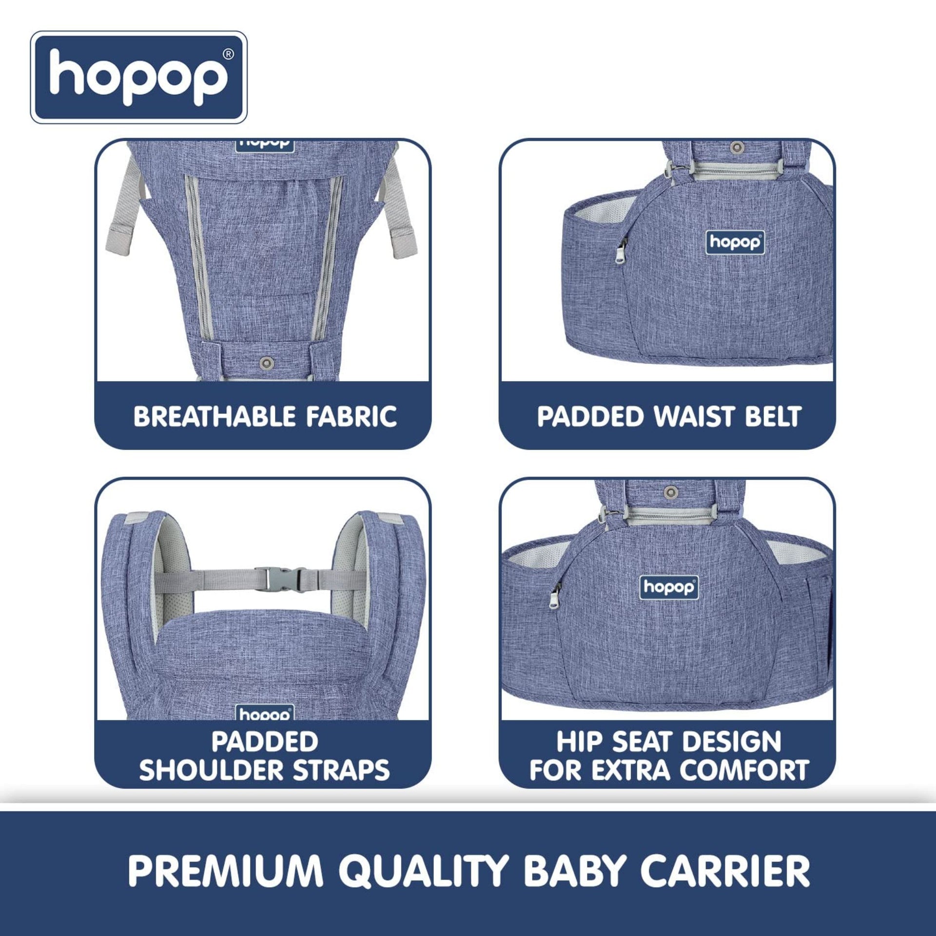 Hopop Hip Seat Baby Carrier | 5 in 1 Elite Hip Carrier for Baby | Ergonomic Solution for Newborn to Toddler | Adjustable and Breathable Holding Belt | Suitable for 4 to 36 Months | Max Weight up to 15 Kgs | Blue