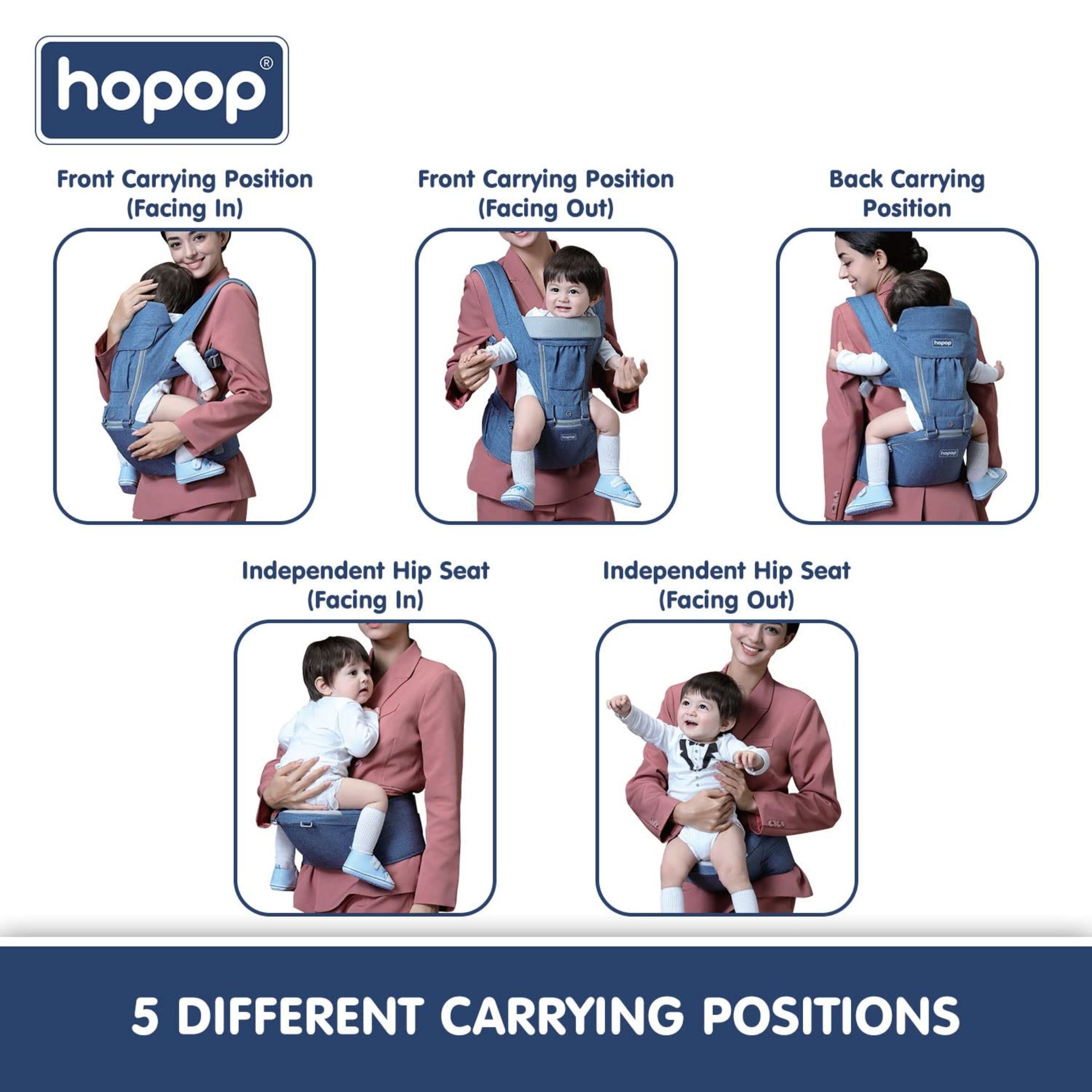 Hopop Hip Seat Baby Carrier | 5 in 1 Elite Hip Carrier for Baby | Ergonomic Solution for Newborn to Toddler | Adjustable and Breathable Holding Belt | Suitable for 4 to 36 Months | Max Weight up to 15 Kgs | Blue