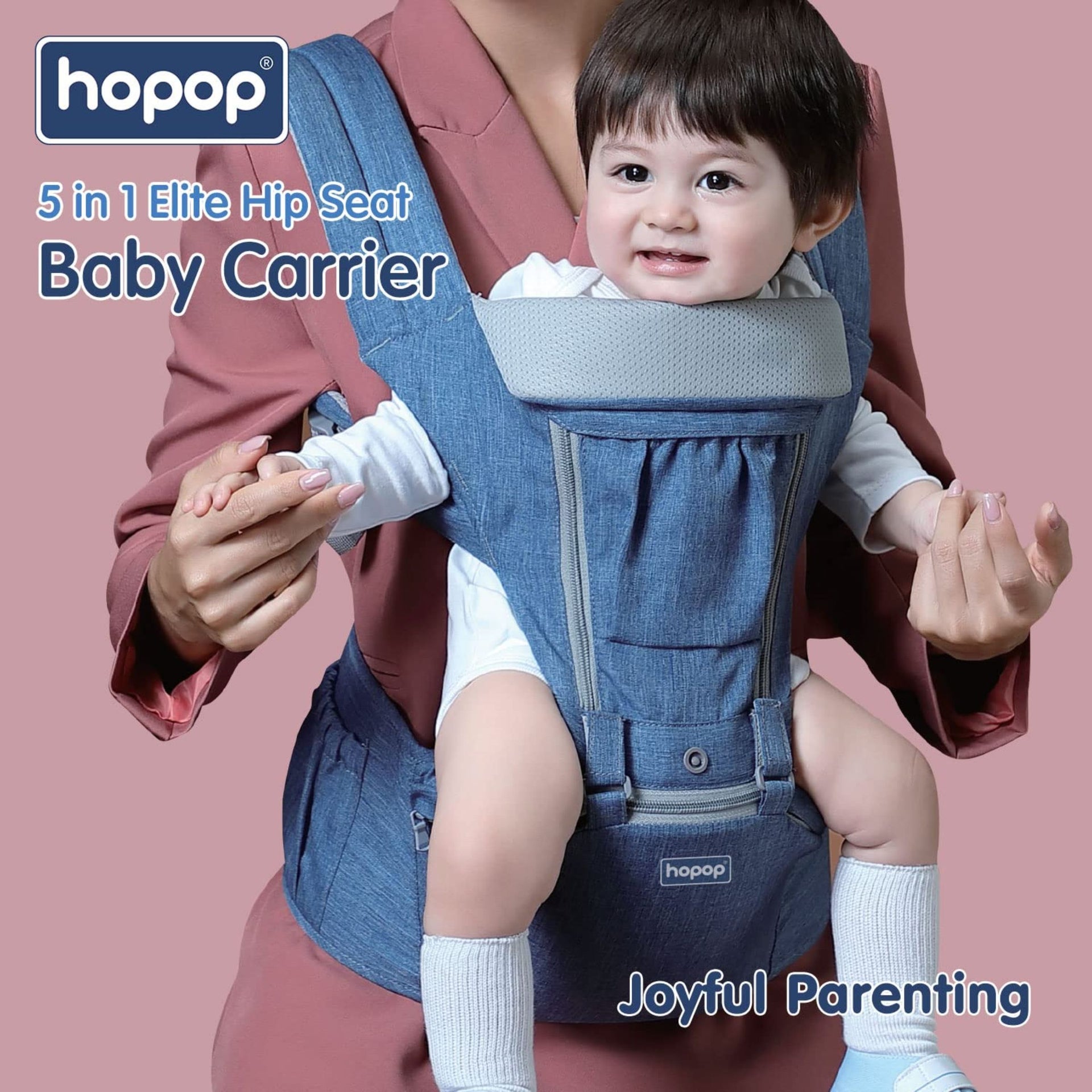 Hopop Hip Seat Baby Carrier | 5 in 1 Elite Hip Carrier for Baby | Ergonomic Solution for Newborn to Toddler | Adjustable and Breathable Holding Belt | Suitable for 4 to 36 Months | Max Weight up to 15 Kgs | Blue