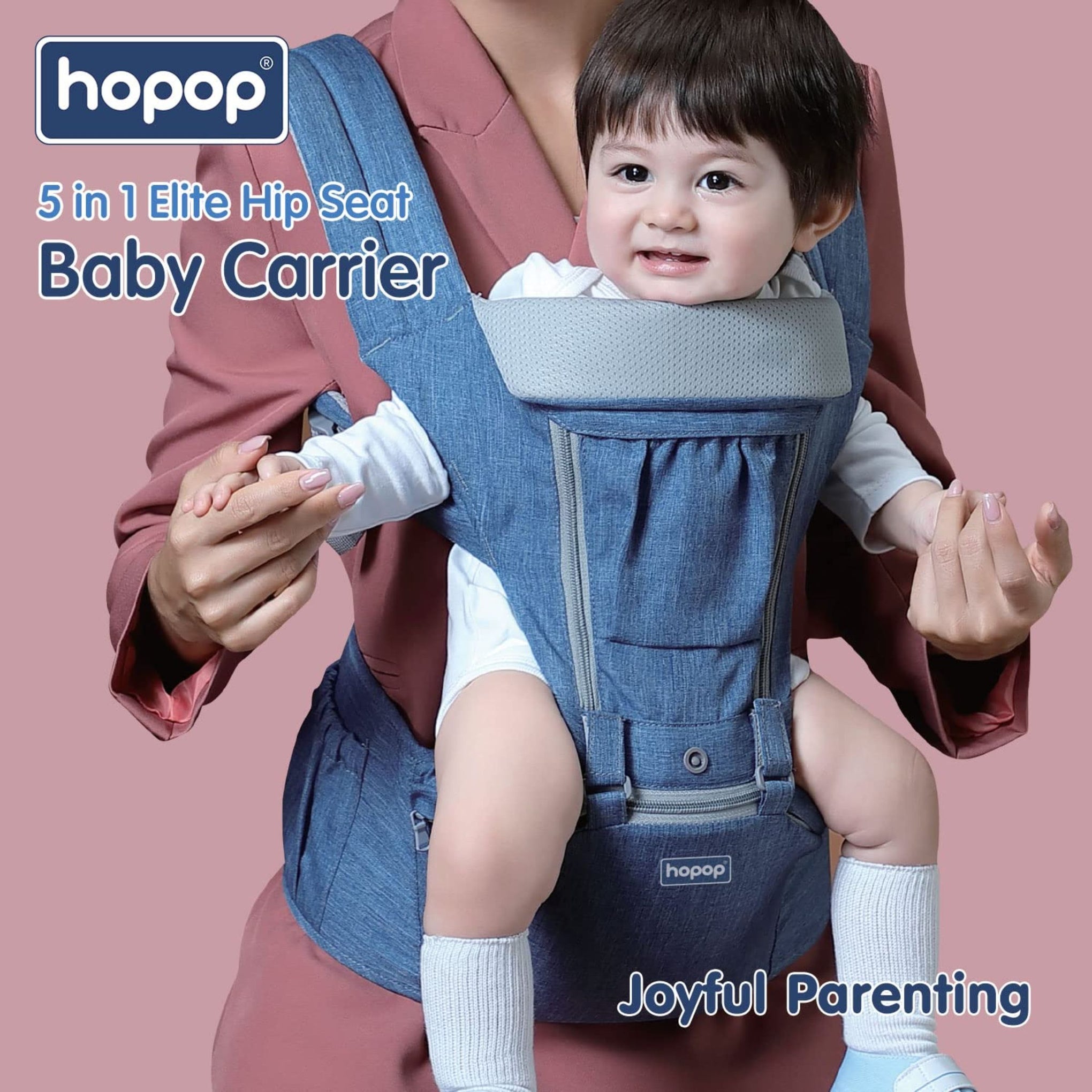 Hopop Hip Seat Baby Carrier | 5 in 1 Elite Hip Carrier for Baby | Ergonomic Solution for Newborn to Toddler | Adjustable and Breathable Holding Belt | Suitable for 4 to 36 Months | Max Weight up to 15 Kgs | Blue