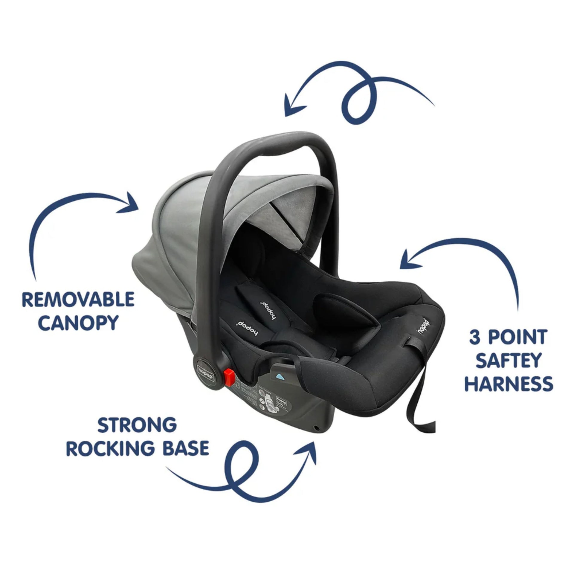 Hopop Baby Car Seat | 4 in 1 Multi-Purpose Infants Car Seat /Carry Cot /Rocker /Feeding Chair for 0 to 15 Months | 3 Point Adjustable Safety Belt Car Seat for Baby | Weight Capacity Up to 13 Kgs.