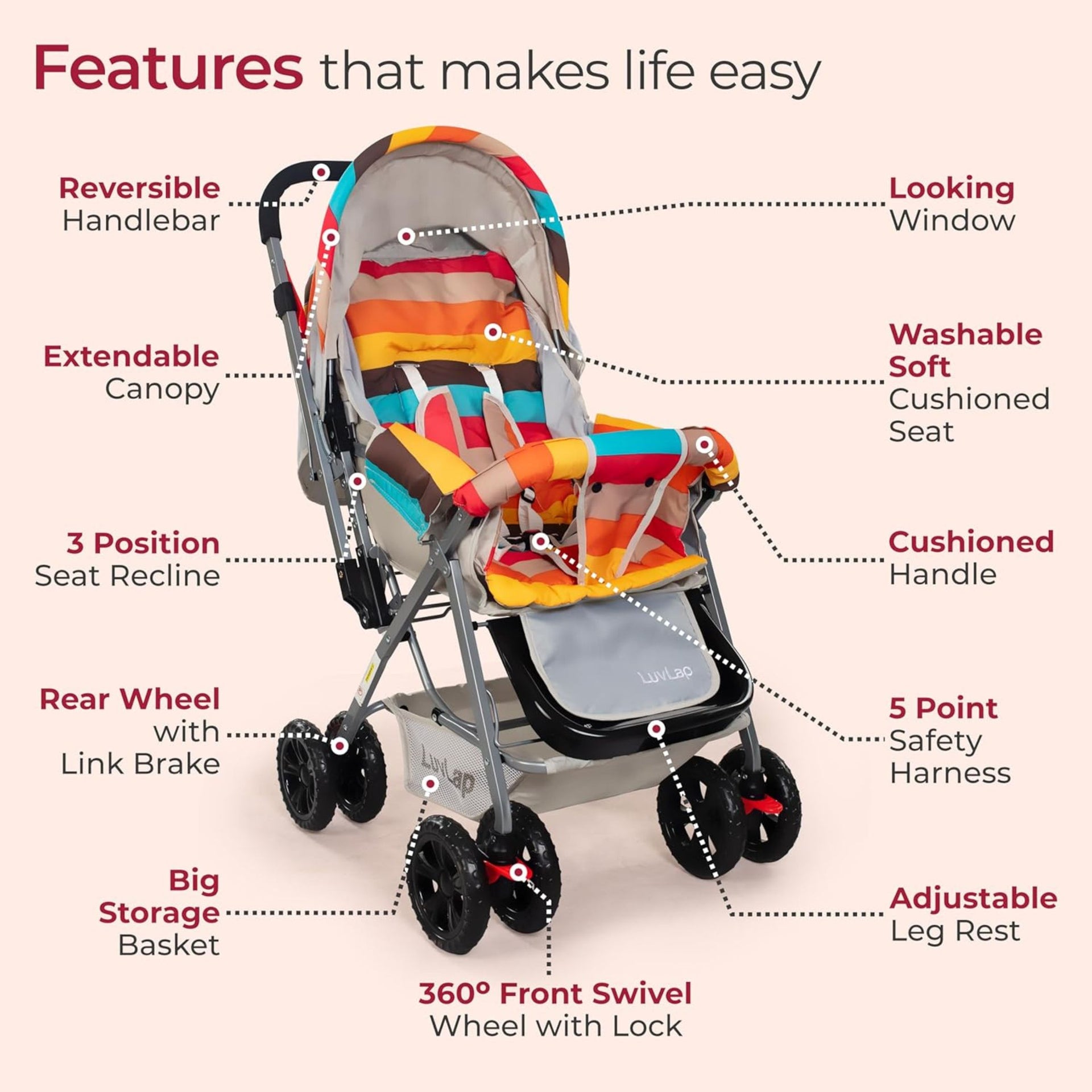 LuvLap Sunshine Baby Stroller/Pram for 0 to 3 Years, New Born/Toddler/Kid, 5 Point Safety Harness, Adjustable backrest, 360° Swivel Wheel, Large Storage Basket, Reversible Handlebar (Multi)