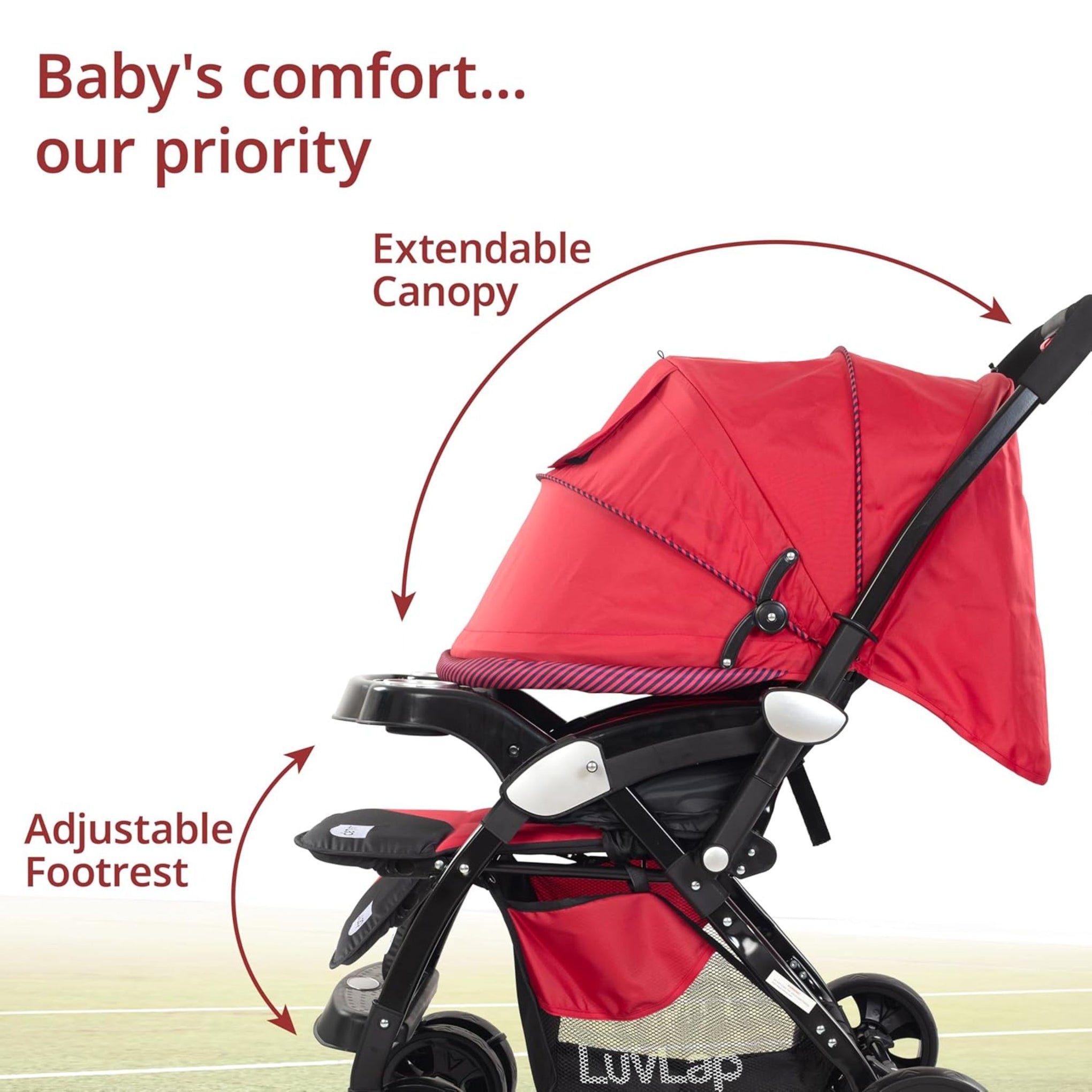 LuvLap Galaxy Baby Stroller, Pram For Baby With 5 Point Safety Harness, Spacious Cushioned Seat With Multi Level Seat Recline, Easy Fold, Lightweight Baby Stroller For 0 To 3 Years (Red & Black)