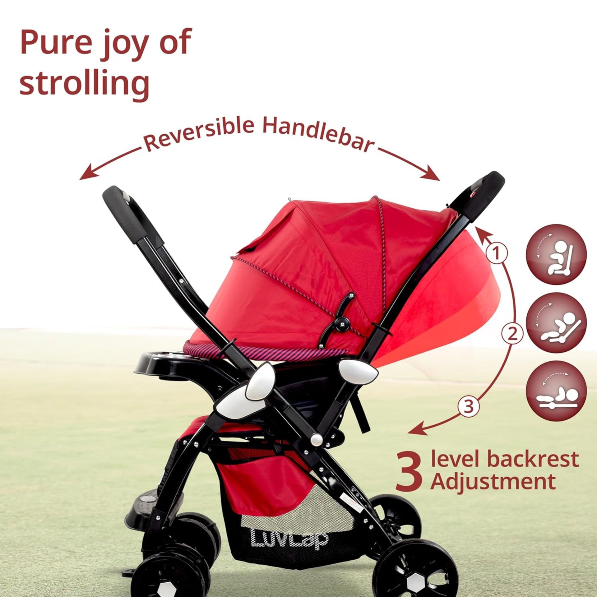 LuvLap Galaxy Baby Stroller, Pram For Baby With 5 Point Safety Harness, Spacious Cushioned Seat With Multi Level Seat Recline, Easy Fold, Lightweight Baby Stroller For 0 To 3 Years (Red & Black)