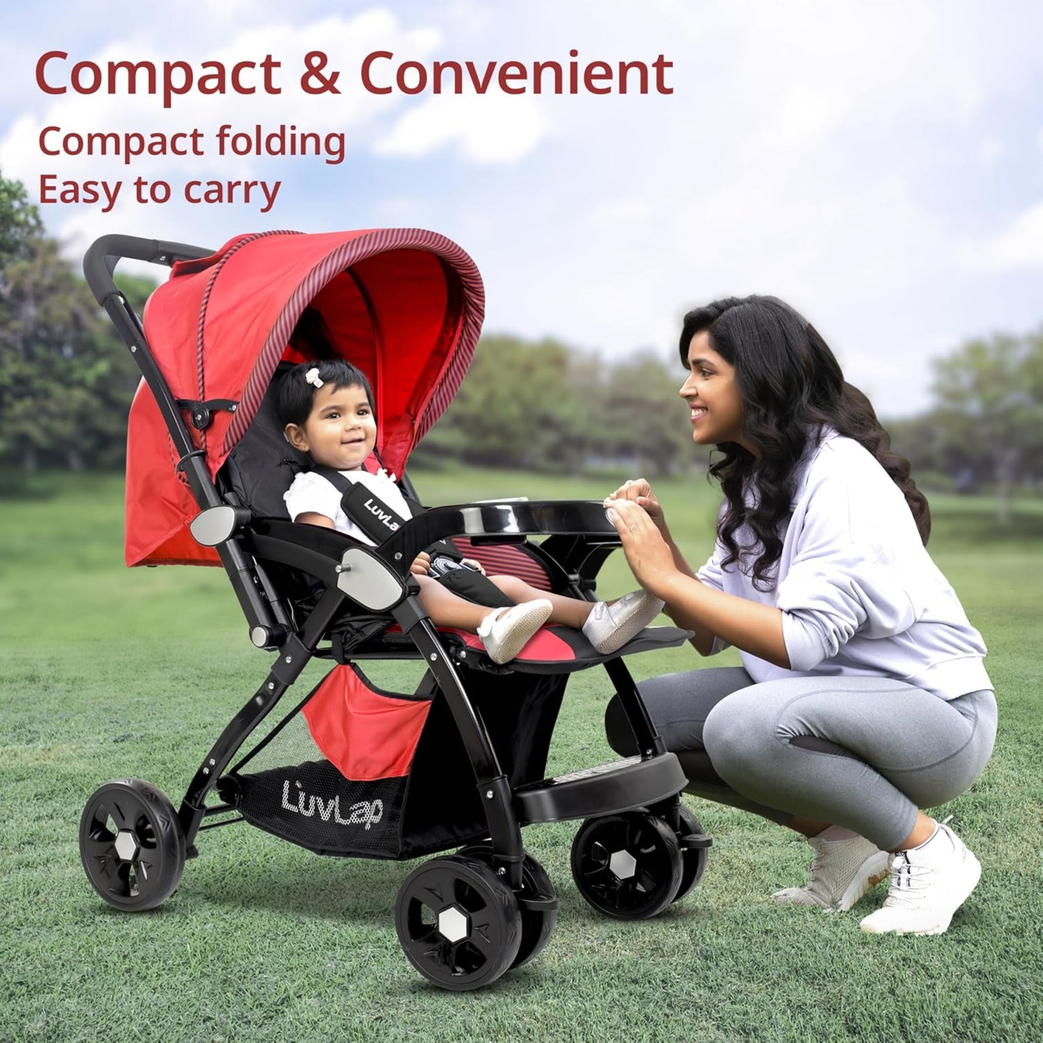 LuvLap Galaxy Baby Stroller, Pram For Baby With 5 Point Safety Harness, Spacious Cushioned Seat With Multi Level Seat Recline, Easy Fold, Lightweight Baby Stroller For 0 To 3 Years (Red & Black)