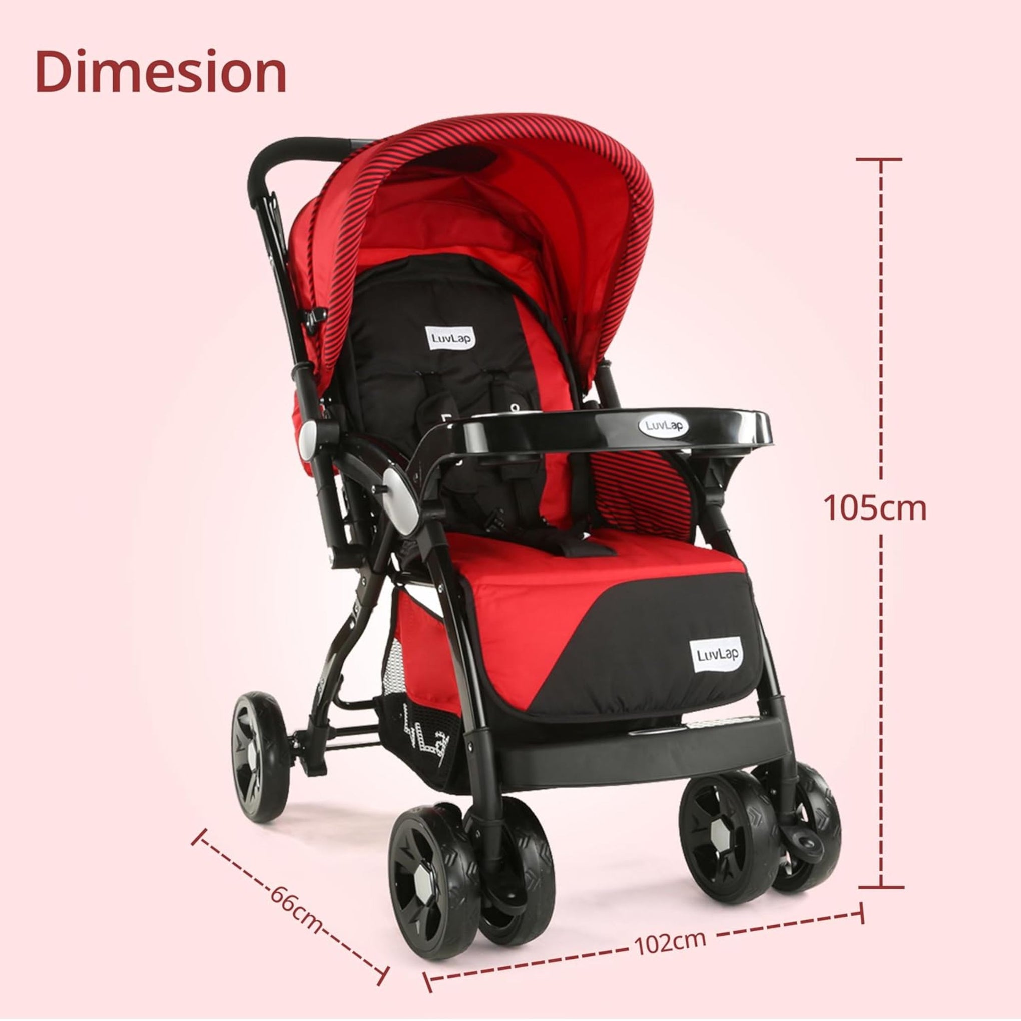 LuvLap Galaxy Baby Stroller, Pram For Baby With 5 Point Safety Harness, Spacious Cushioned Seat With Multi Level Seat Recline, Easy Fold, Lightweight Baby Stroller For 0 To 3 Years (Red & Black)